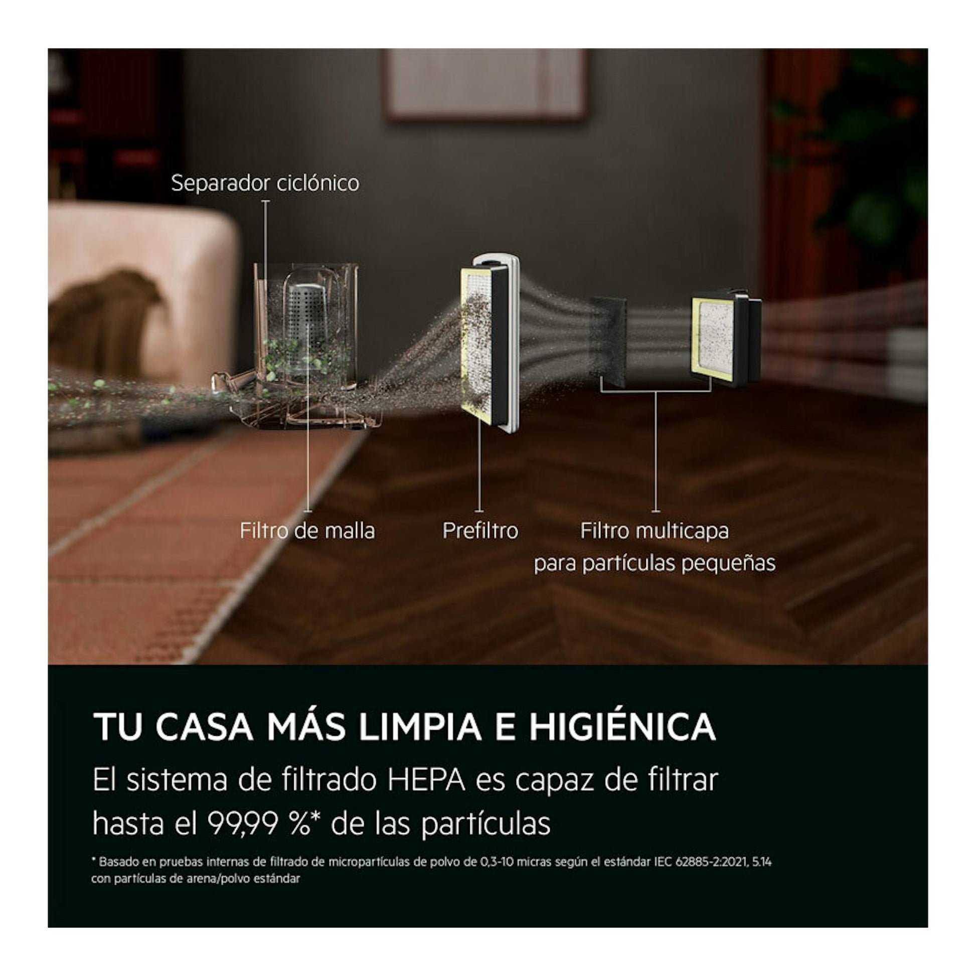 Infografía del aspirador sin bolsa AEG AL31C1DG mostrando separador ciclónico y filtros HEPA en capas.