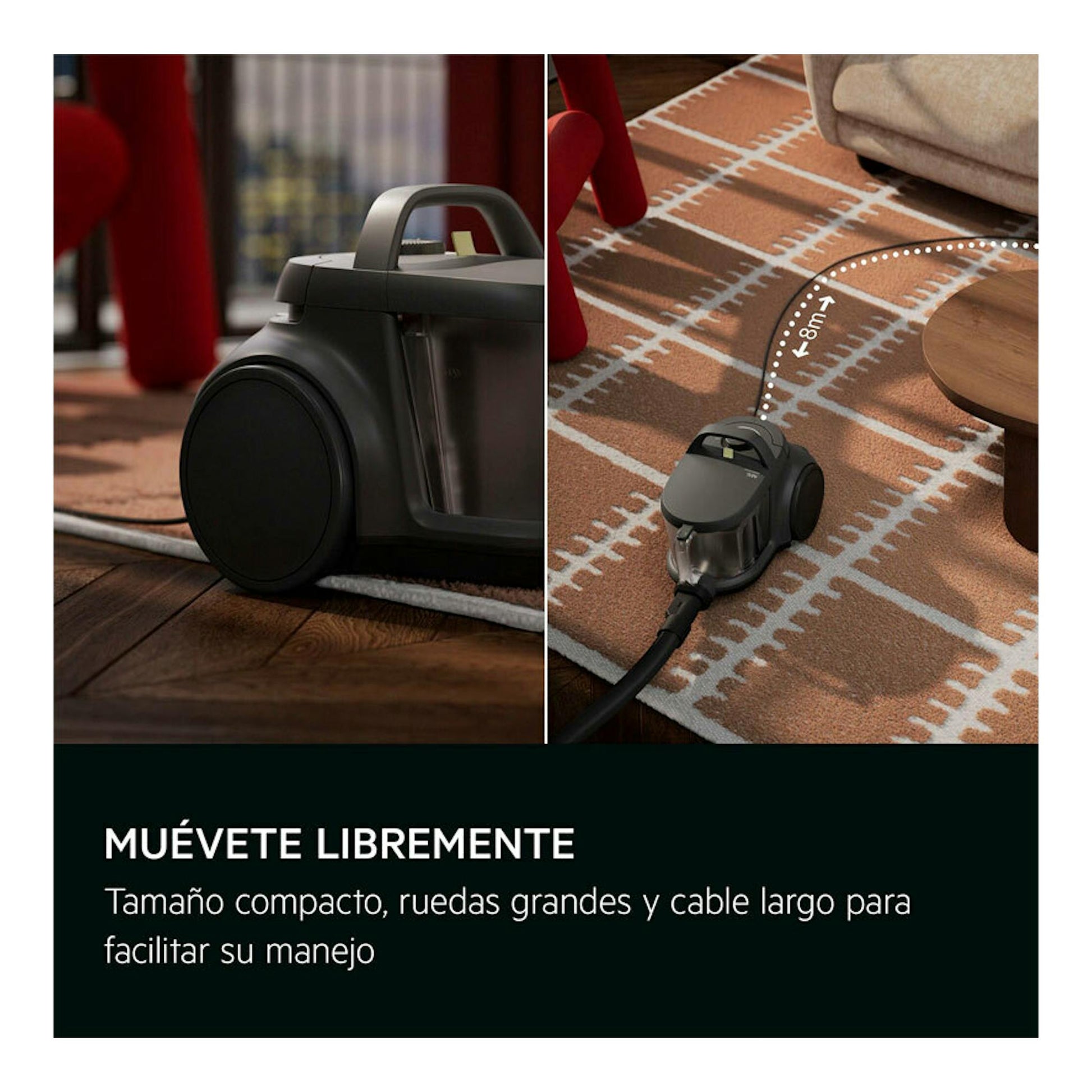 AEG AL31C1DG, aspirador sin bolsa gris y negro, vista lateral y superior sobre alfombra y suelo de madera.