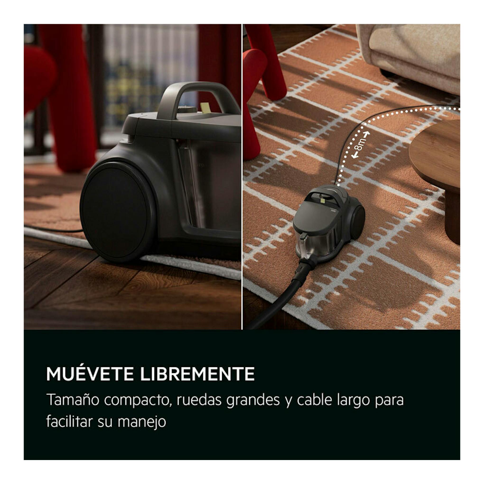 AEG AL31C1DG, aspirador sin bolsa gris y negro, vista lateral y superior sobre alfombra y suelo de madera.