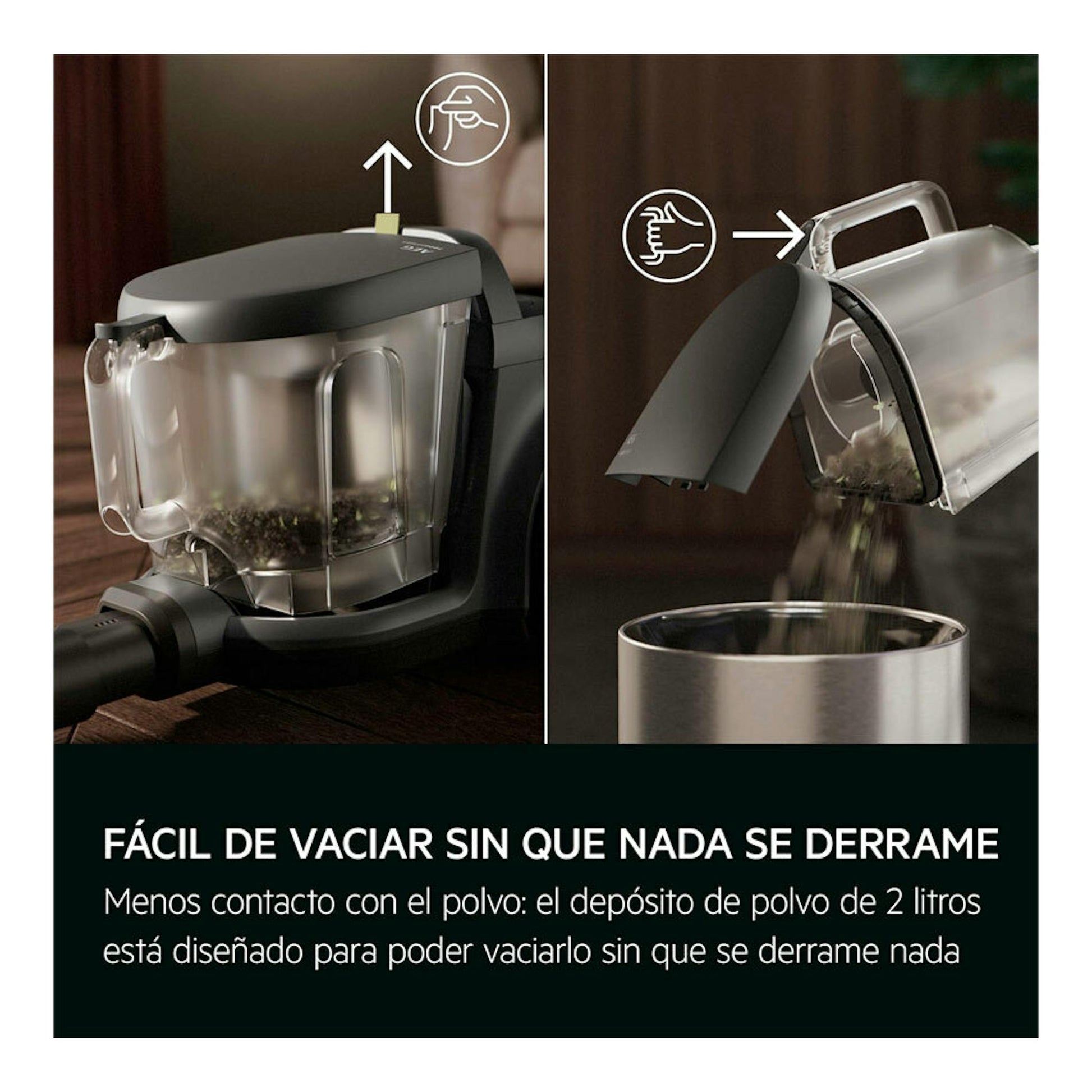 Aspirador sin bolsa AEG AL31C1DG, depósito de polvo transparente vaciándose sobre un cubo.