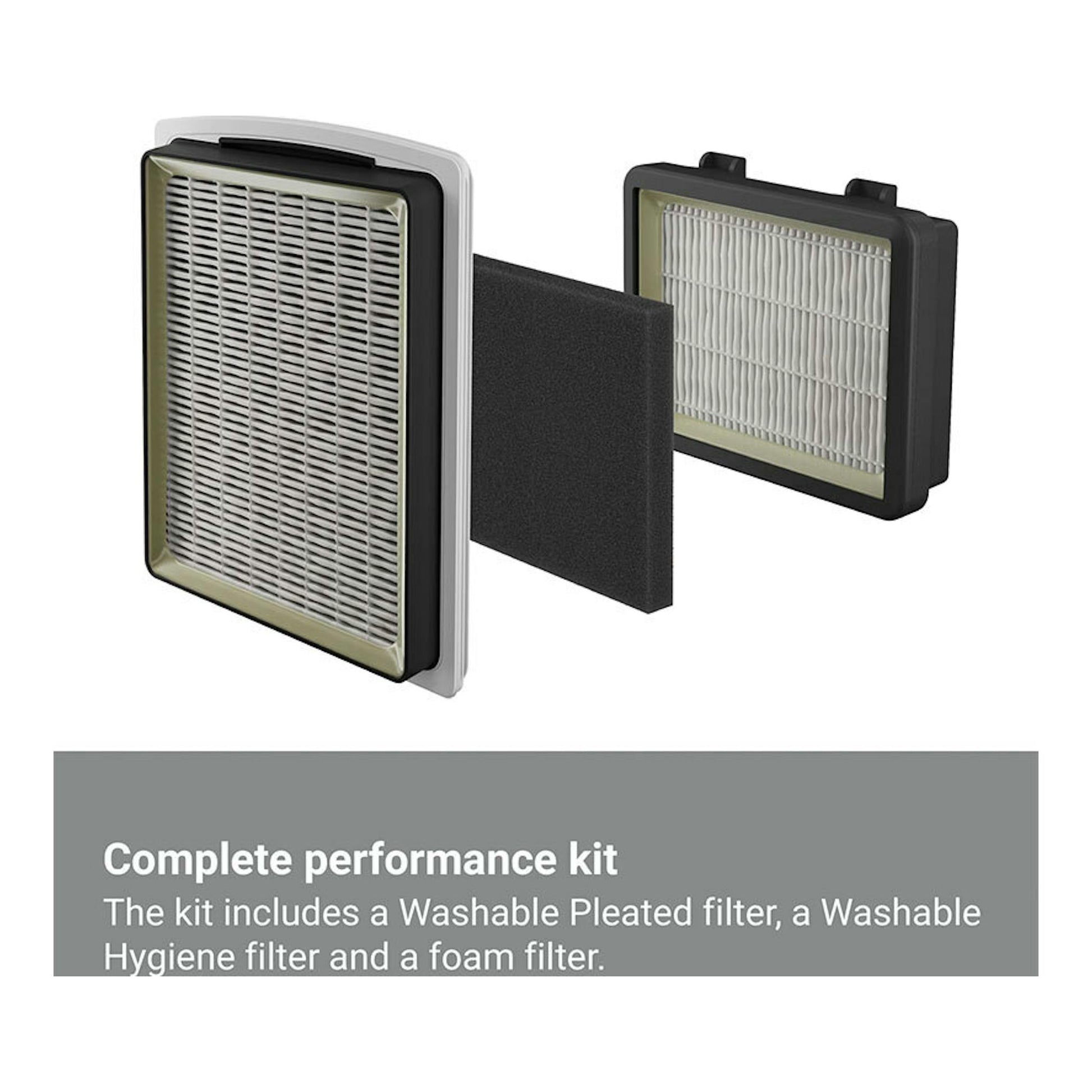 Kit de filtros AEG AL31C1DG para aspirador sin bolsa, con filtro plisado, filtro higiene y espuma, vista frontal.