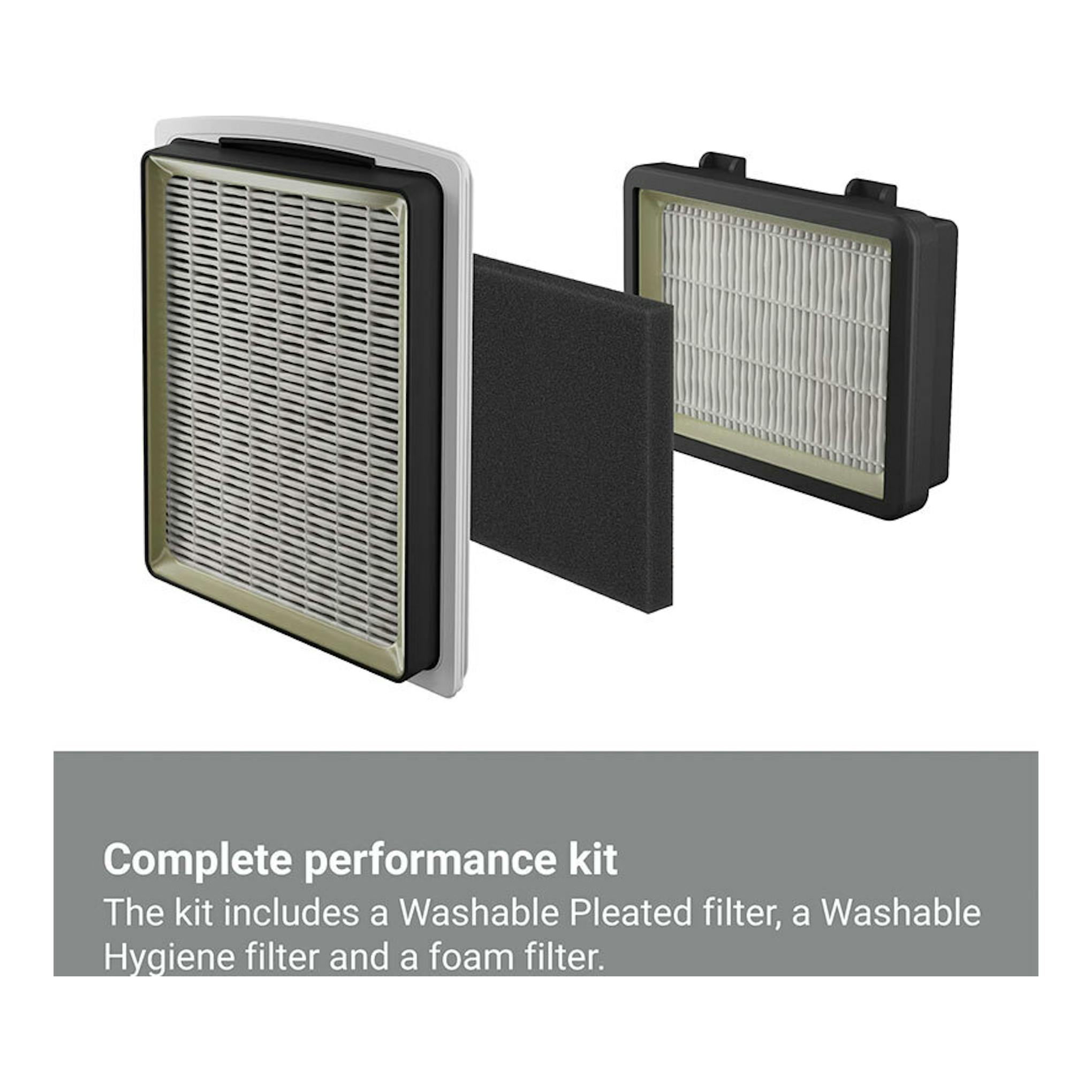 Kit de filtros AEG AL31C1DG para aspirador sin bolsa, con filtro plisado, filtro higiene y espuma, vista frontal.