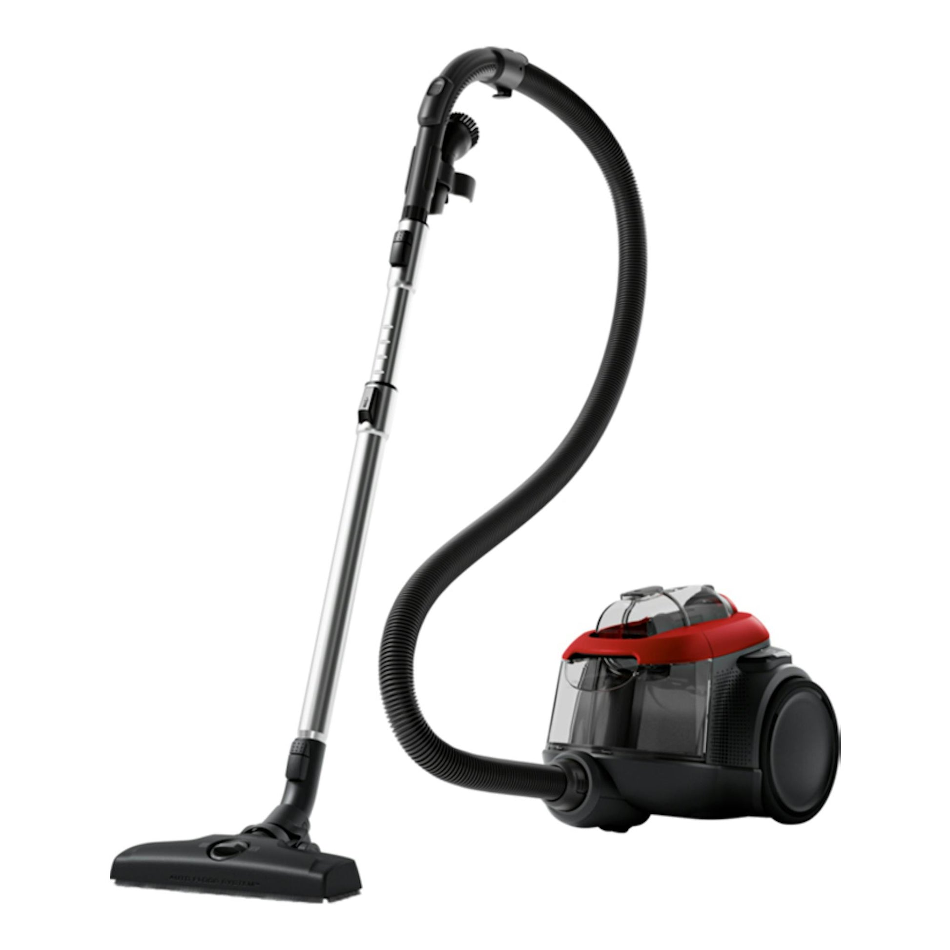 Aspirador sin bolsa AEG AL61C2CR negro y rojo, con manguera y tubo telescópico, vista tres cuartos.