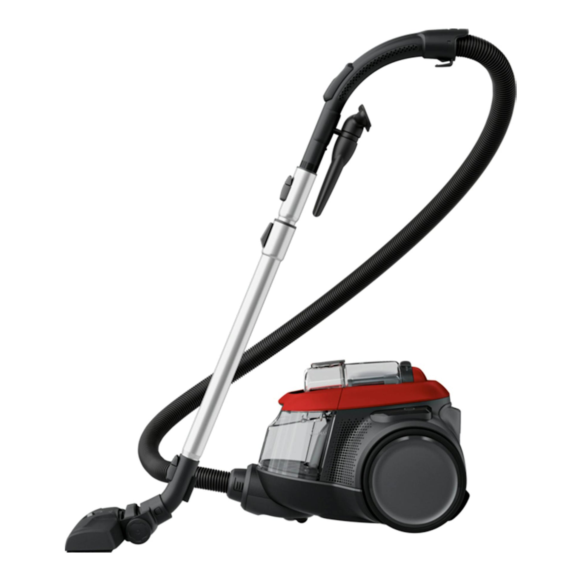 AEG AL61C2CR, aspirador sin bolsa en vista lateral, negro, rojo y plateado, con manguera y boquilla de suelo.
