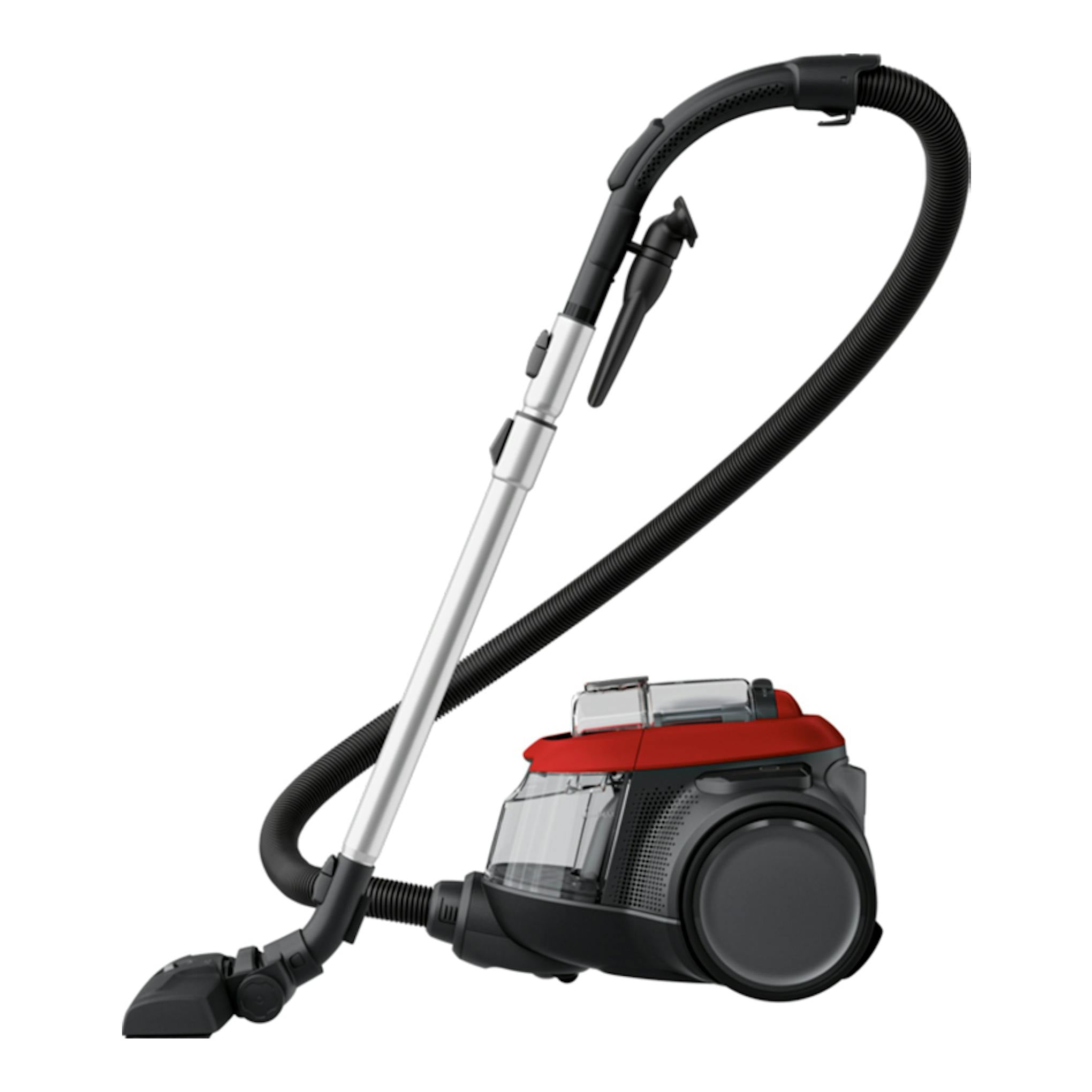 AEG AL61C2CR, aspirador sin bolsa en vista lateral, negro, rojo y plateado, con manguera y boquilla de suelo.