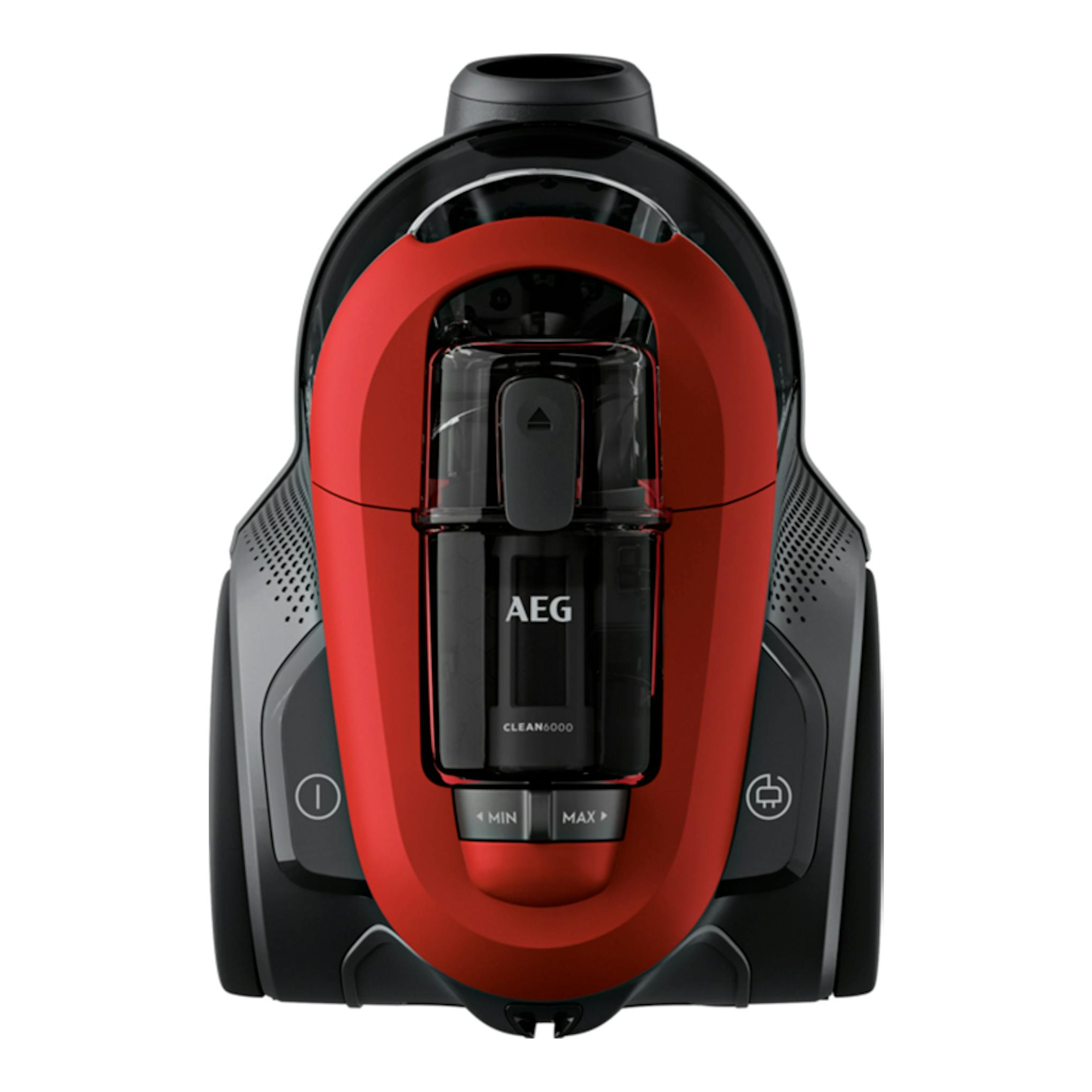 AEG AL61C2CR, aspirador sin bolsa rojo y negro, vista frontal sobre fondo blanco.