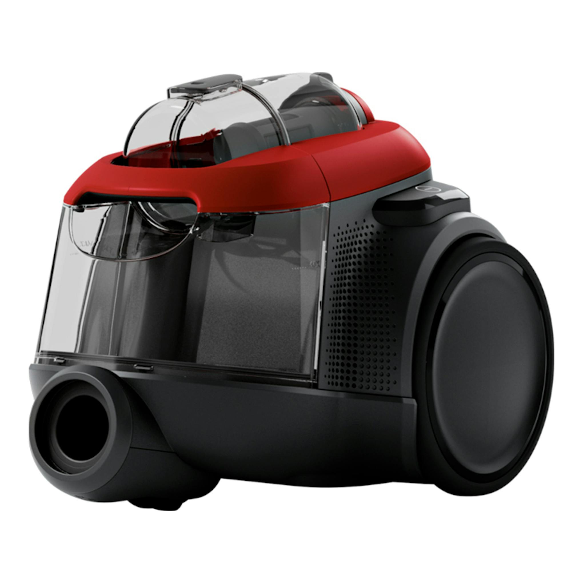 Aspirador sin bolsa AEG AL61C2CR, en vista frontal derecha, negro y rojo con depósito transparente.