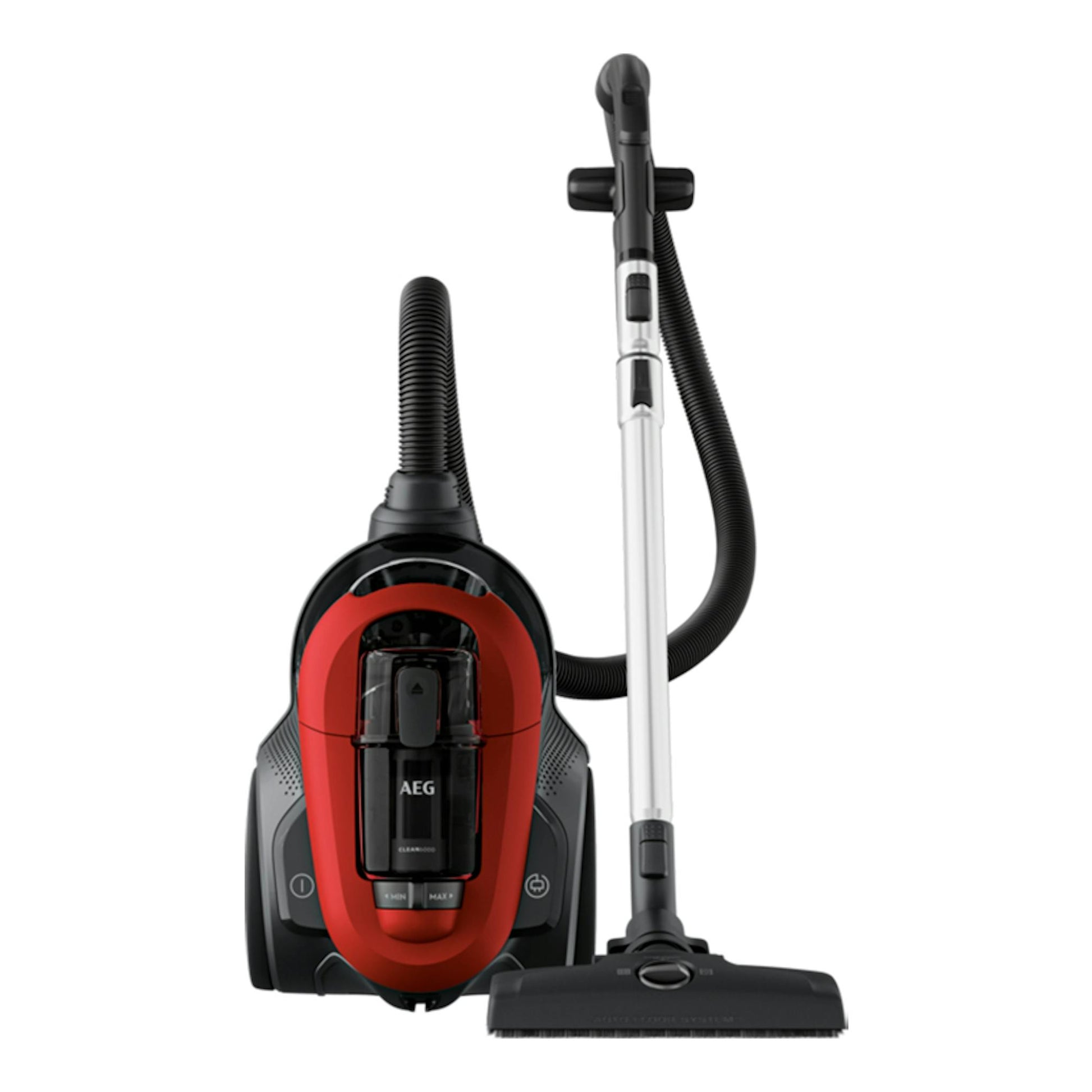 Aspirador sin bolsa AEG AL61C2CR, vista frontal, negro y rojo, con tubo y cepillo de suelo.