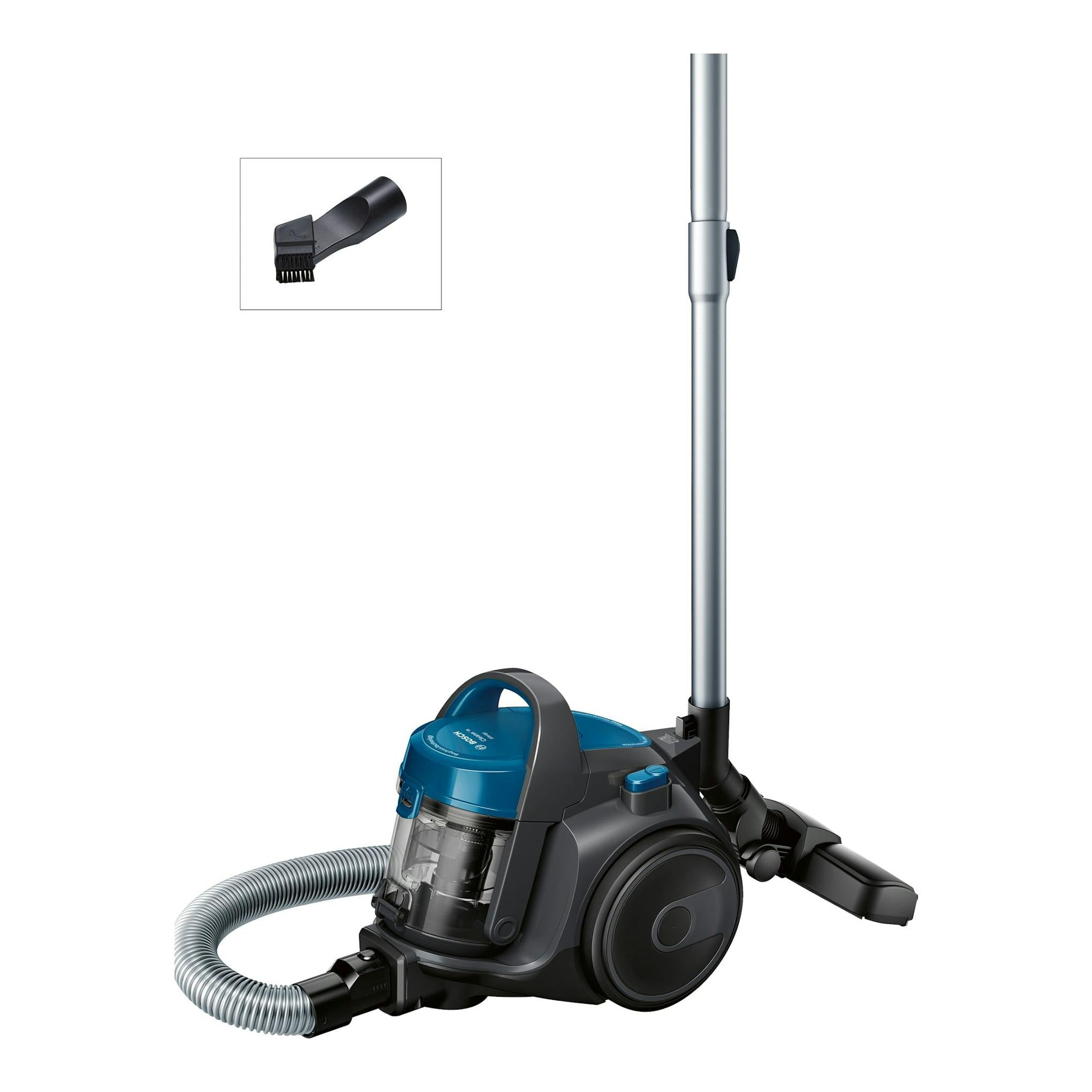 Aspirador sin bolsa Bosch BGS05A220 negro y azul, vista frontal en estudio, con tubo telescópico y accesorio.