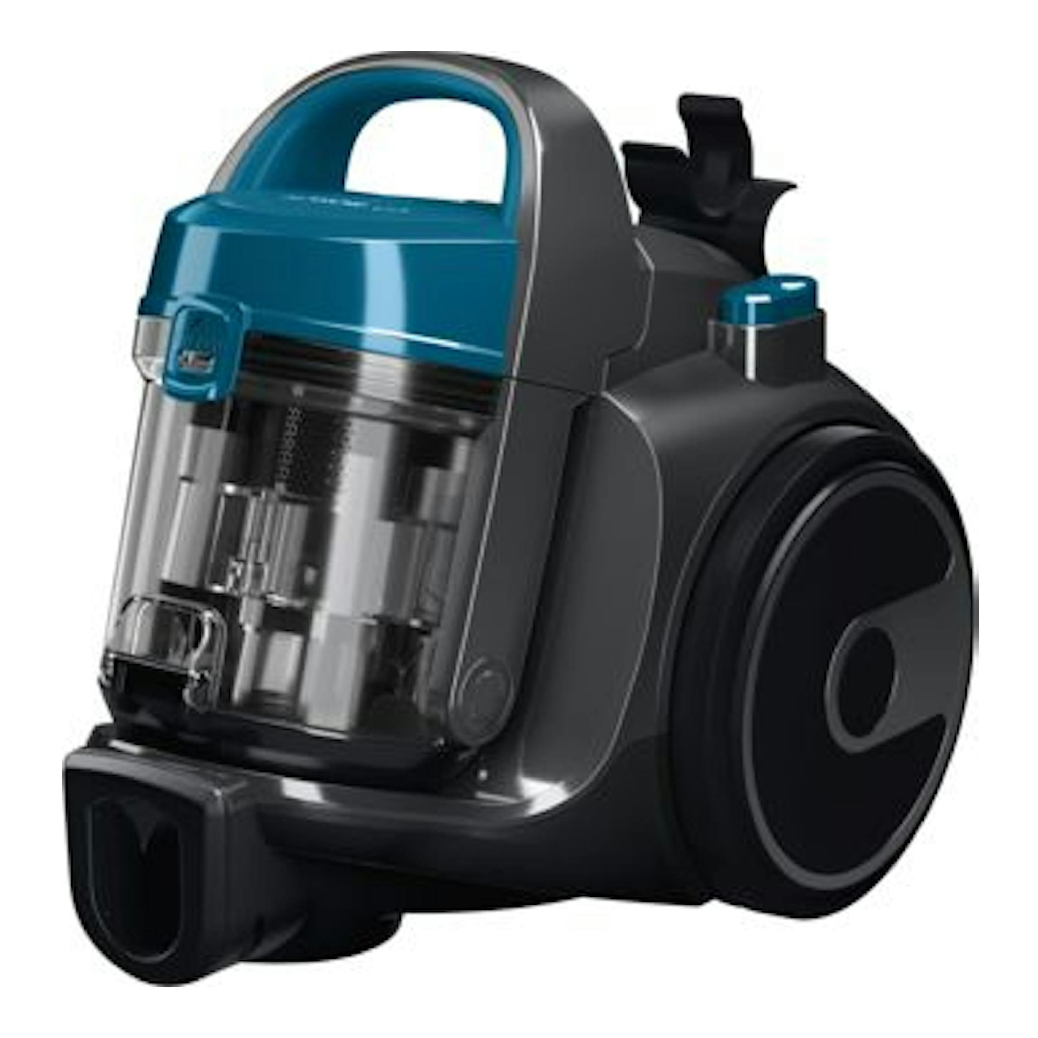 Aspirador sin bolsa Bosch BGS05A220 negro y azul, vista tres cuartos sobre fondo blanco.