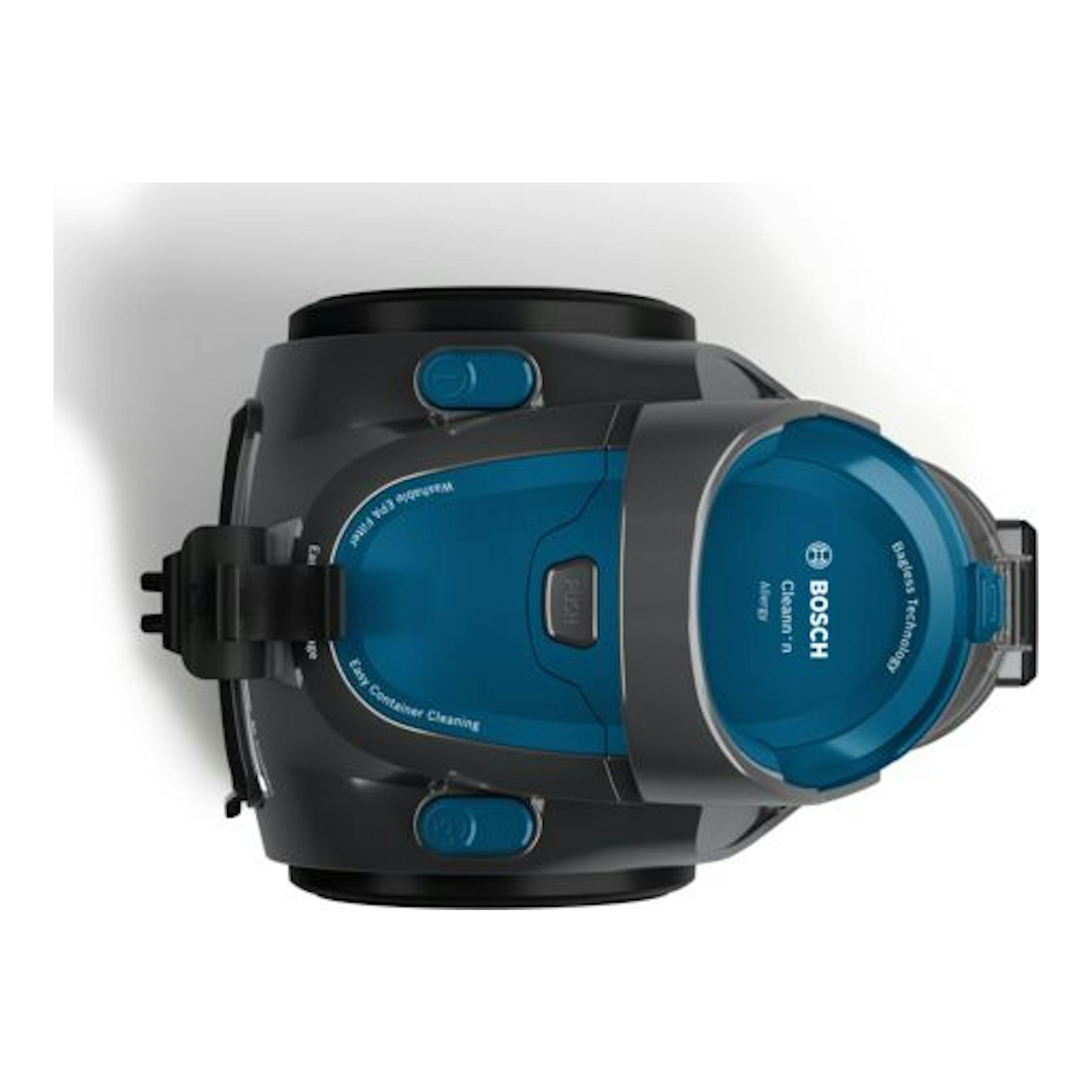 Aspirador sin bolsa Bosch BGS05A220, vista superior, negro y azul.