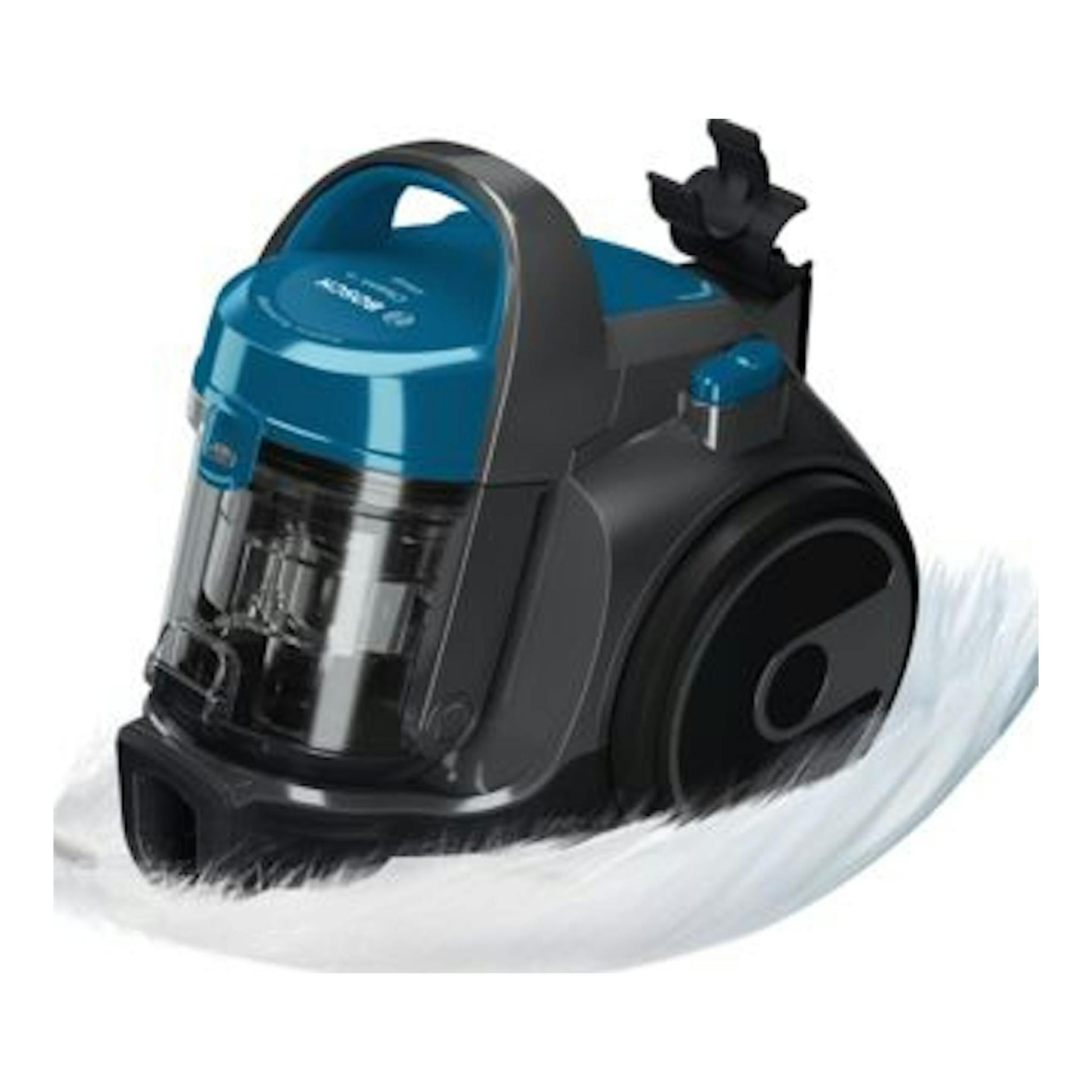 Aspirador sin bolsa Bosch BGS05A220 negro y azul, vista frontal en tres cuartos sobre fondo blanco.