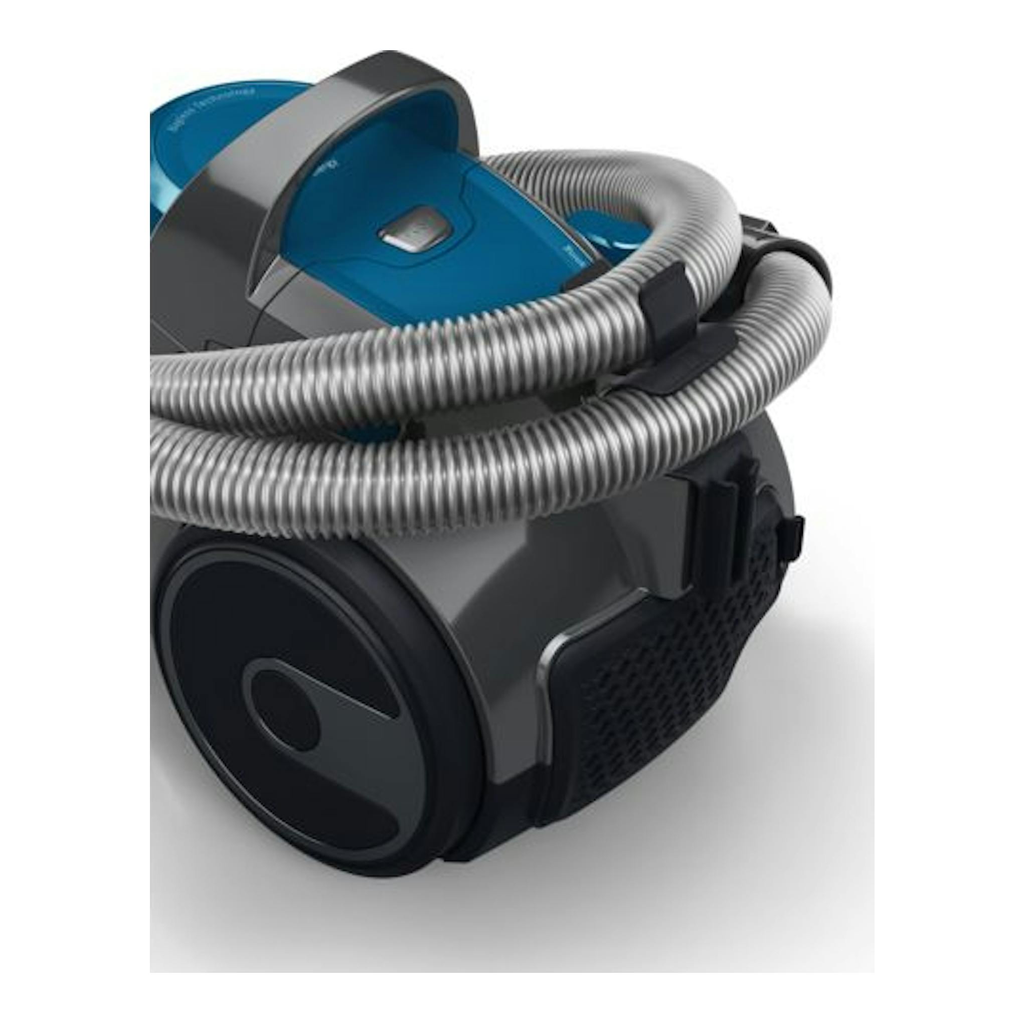 Aspirador sin bolsa Bosch BGS05A220 azul y gris, vista en ángulo con manguera enrollada.