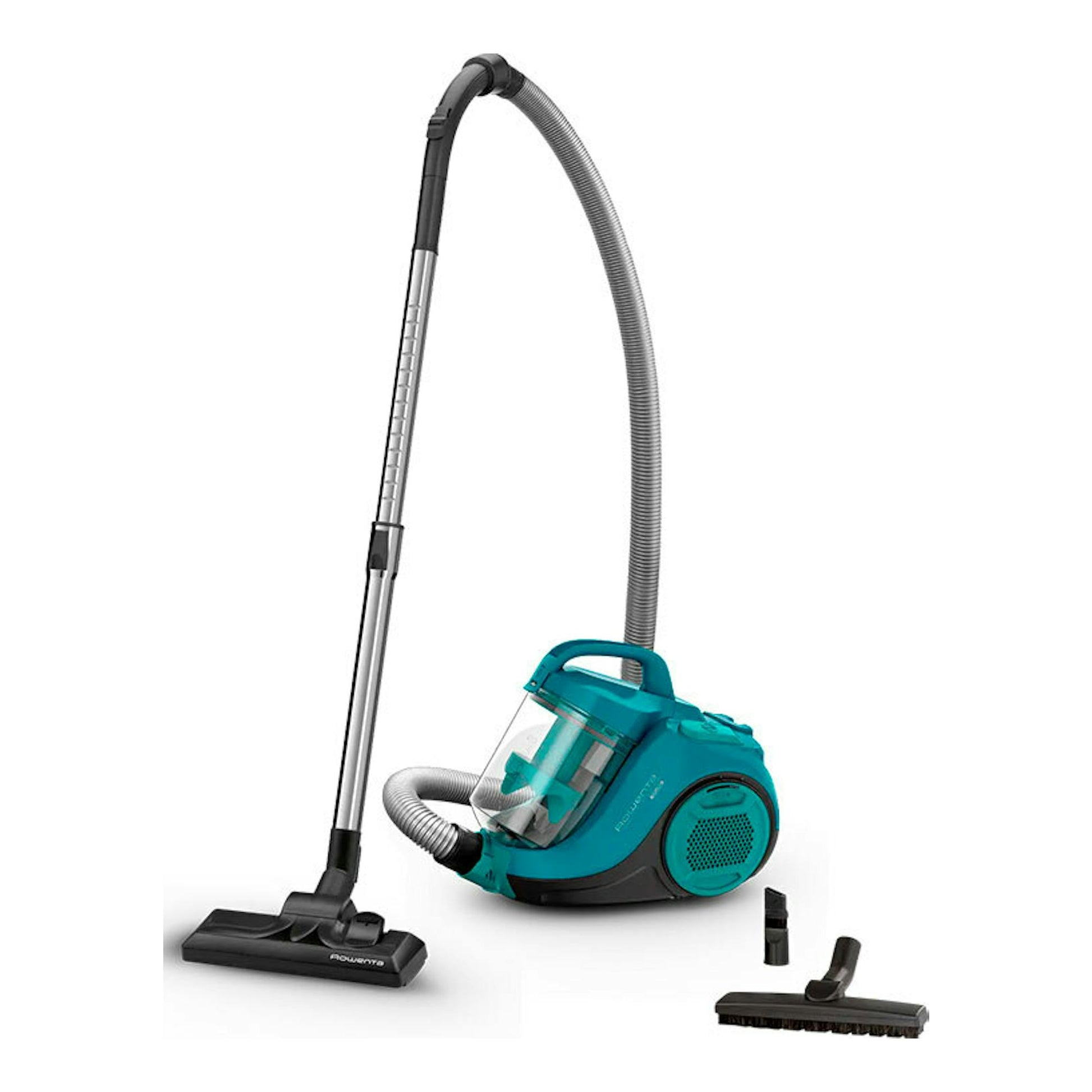 Aspirador sin bolsa Rowenta RO2932EA turquesa y negro, vista frontal con tubo, manguera y accesorios.