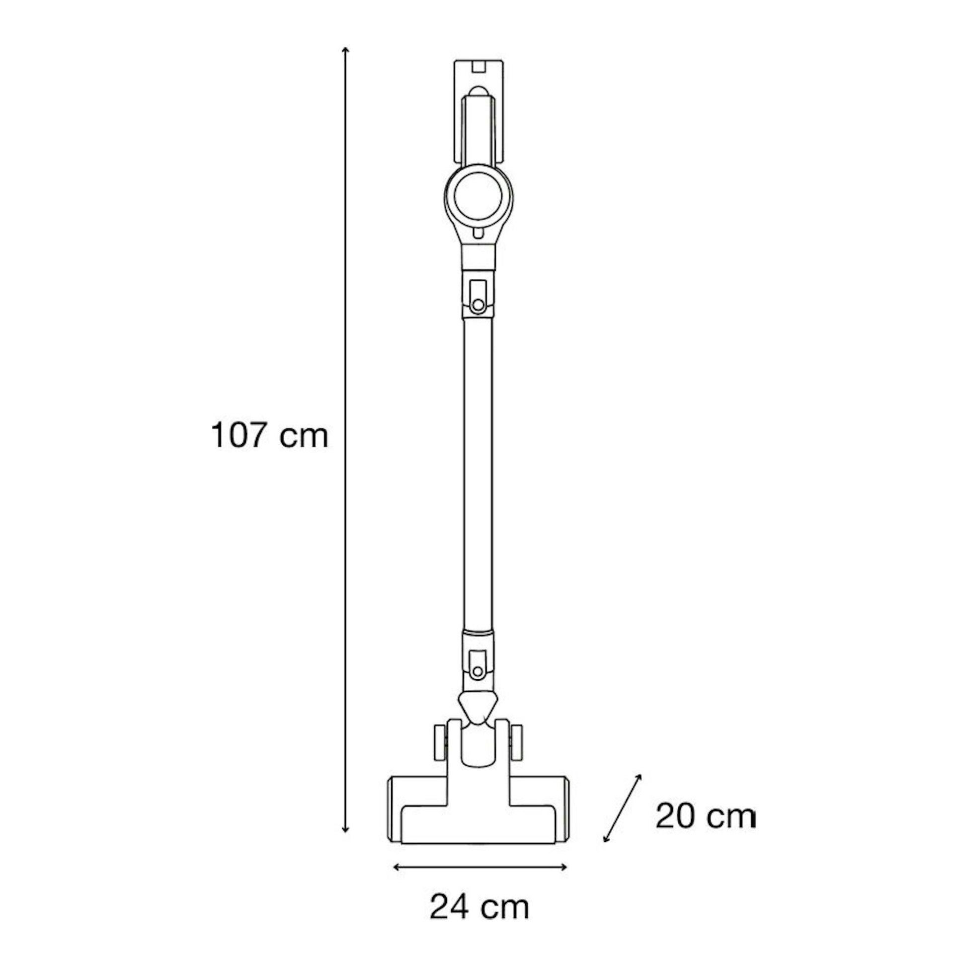 Aspirador vertical Solac AE2505, vista frontal en línea, 107 cm de alto, 24 cm de ancho y 20 cm de fondo.