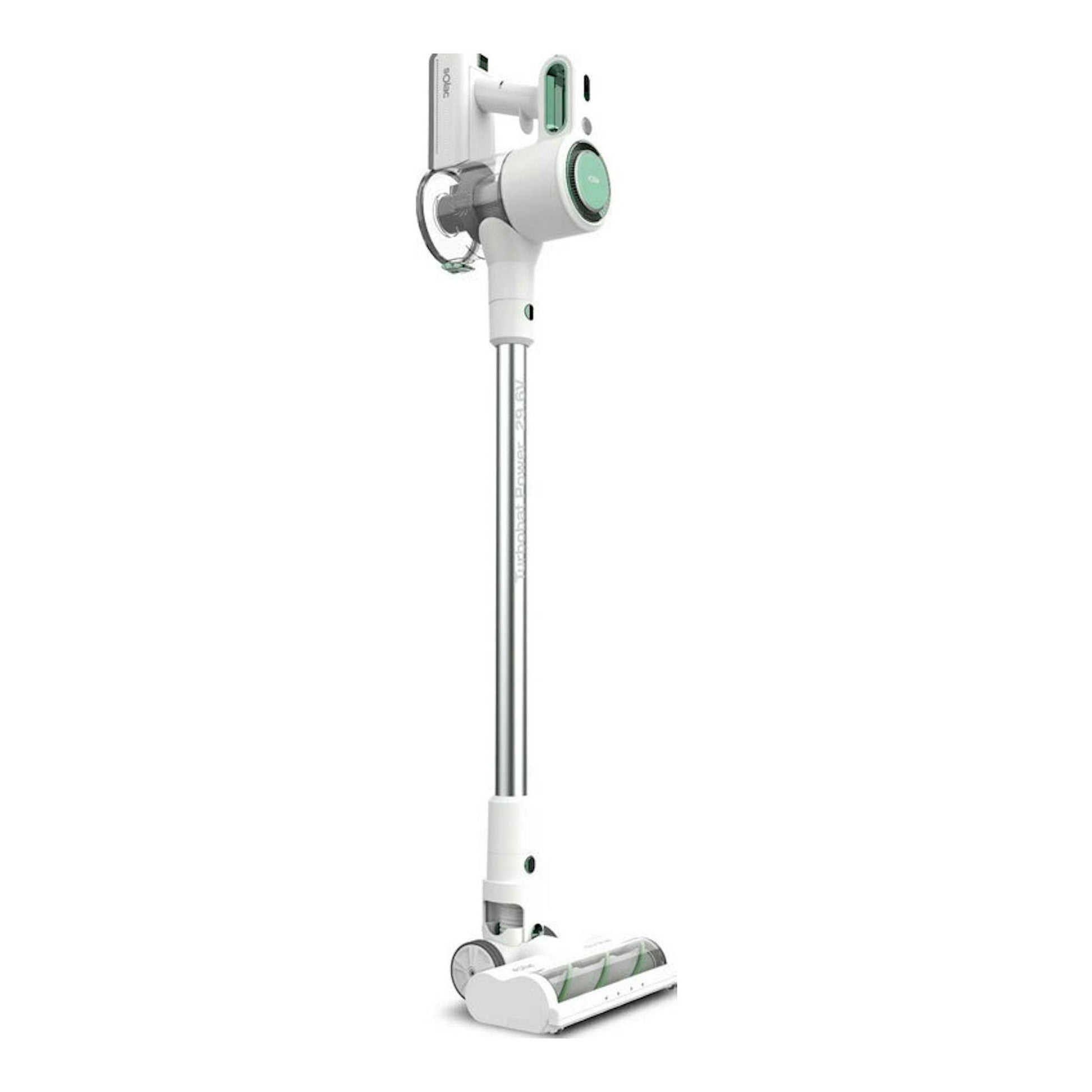 Aspirador escoba Solac AE2505 blanco y verde menta, vista frontal, con tubo largo y cepillo.