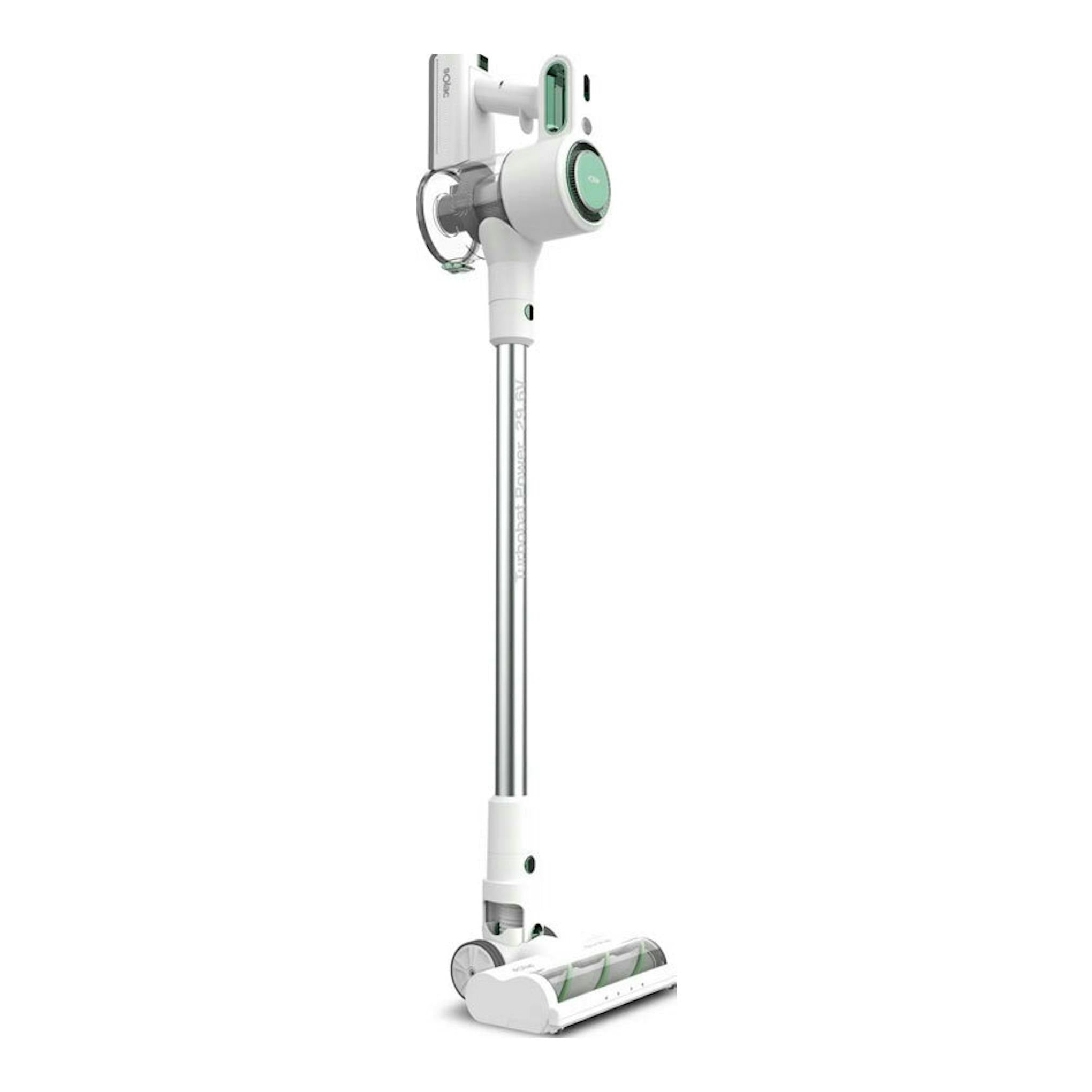 Aspirador escoba Solac AE2505 blanco y verde menta, vista frontal, con tubo largo y cepillo.