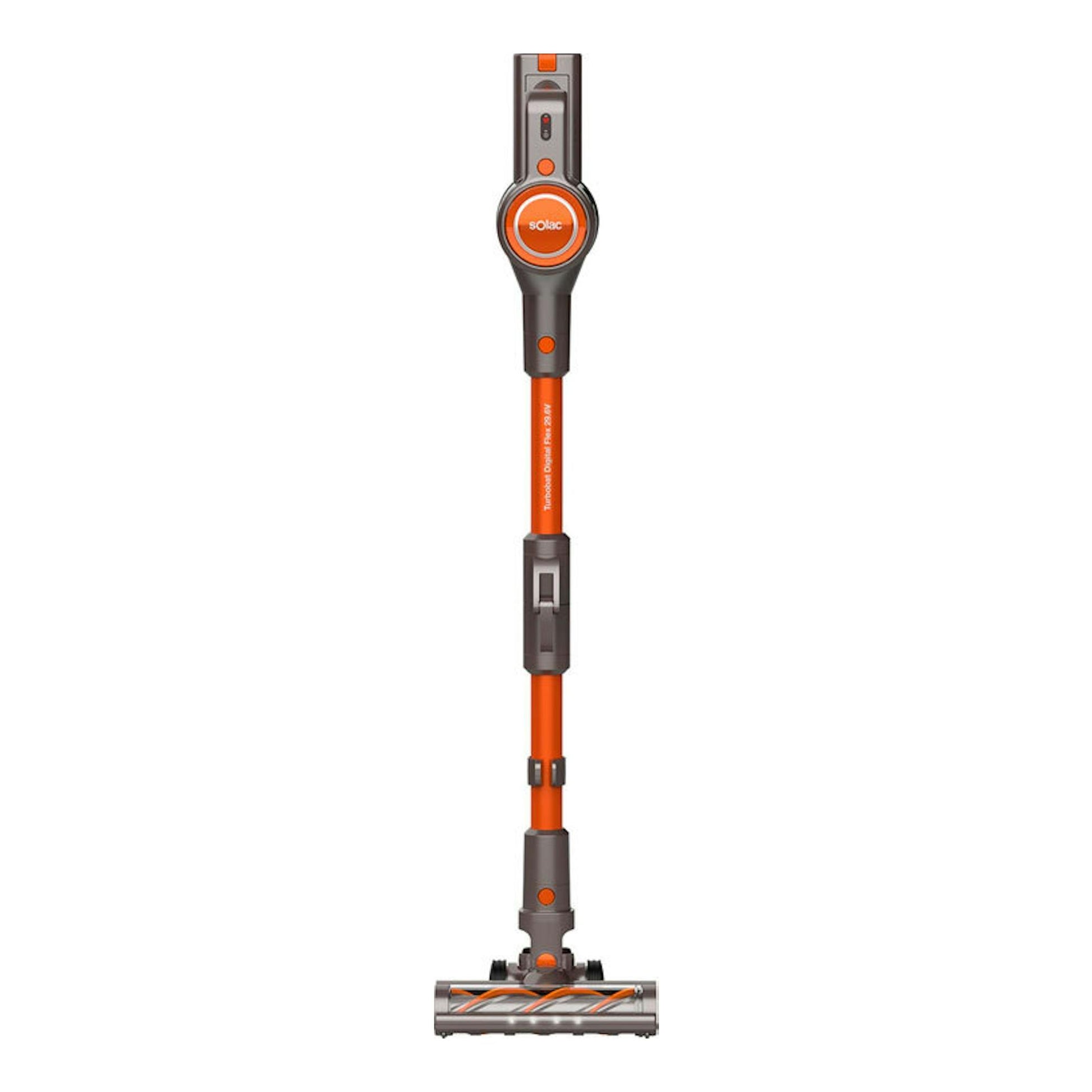 Aspirador vertical Solac AE2515 en vista frontal, gris y naranja, con cepillo inferior.