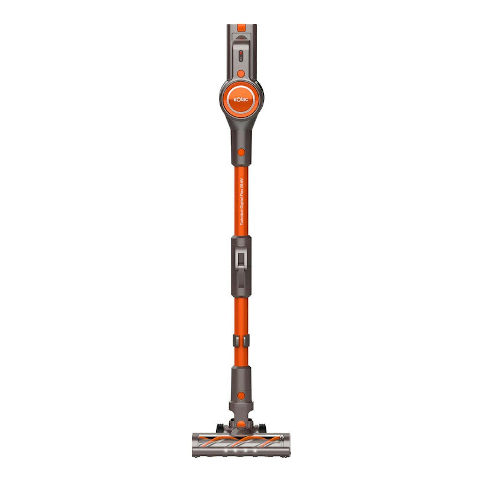 Aspirador vertical Solac AE2515 en vista frontal, gris y naranja, con cepillo inferior.