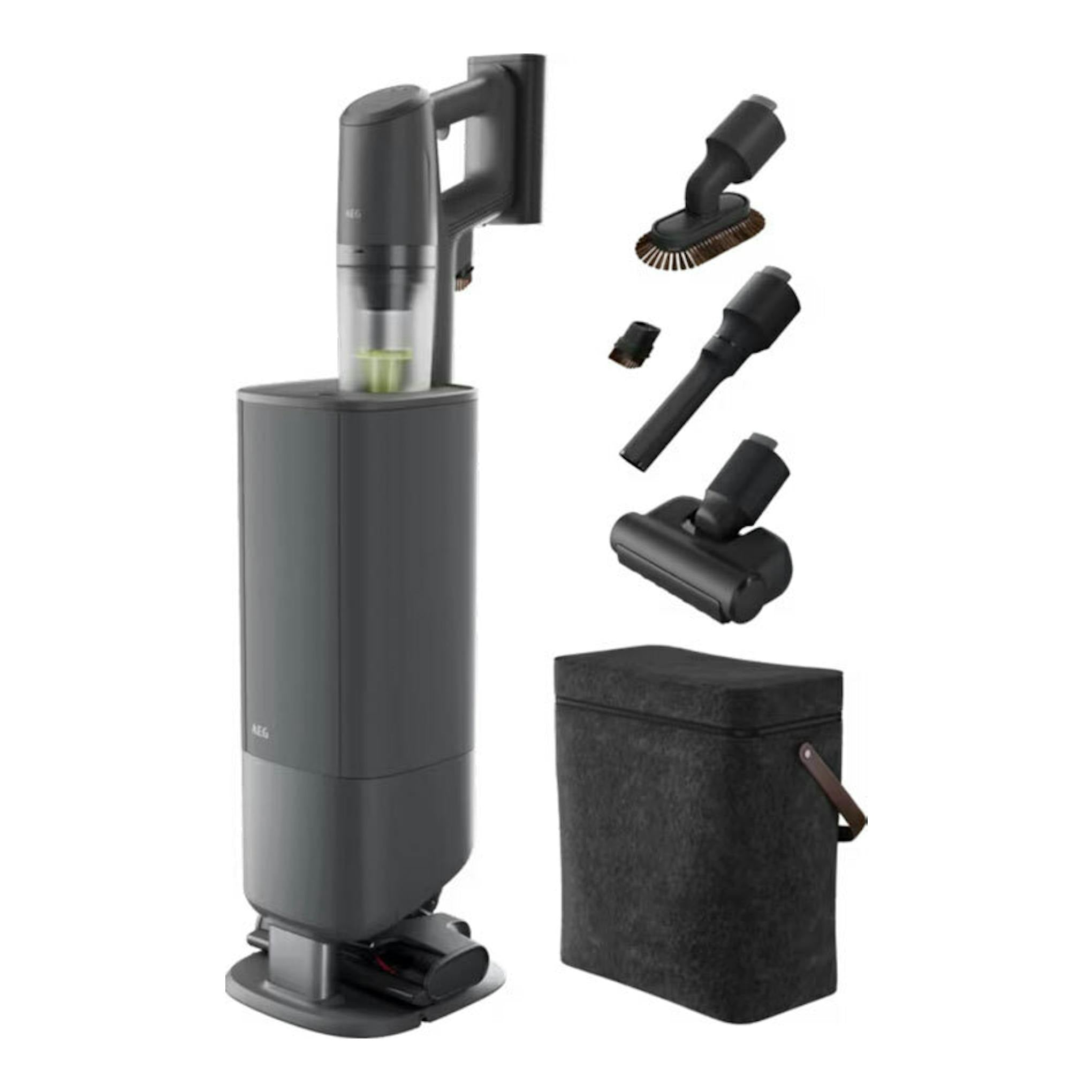 Aspiradora escoba AEG Animal 8000 AP83AB25DG gris oscuro con base, accesorios y bolsa de almacenamiento.