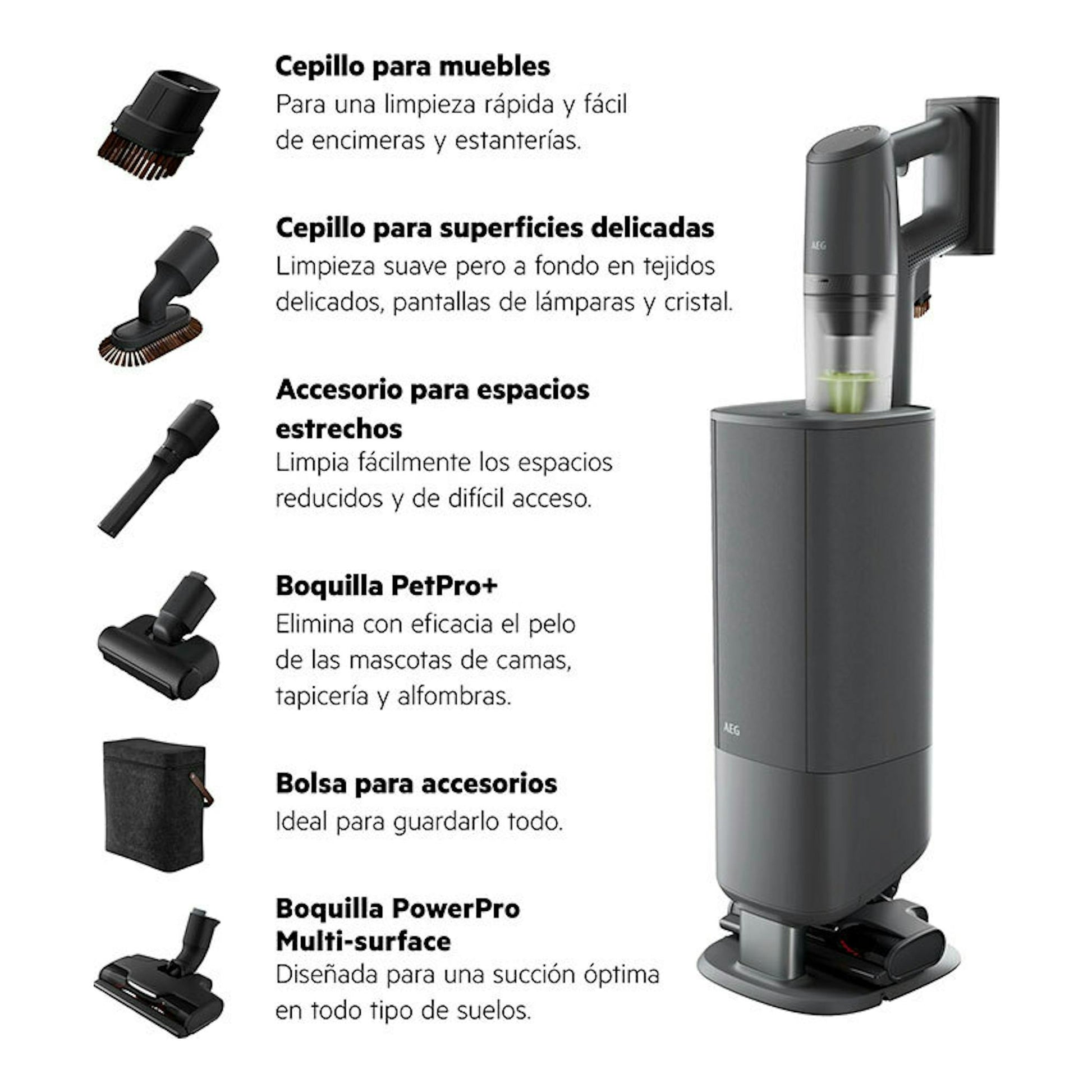 Aspiradora escoba AEG Animal 8000 AP83AB25DG gris, vista frontal, con base y accesorios