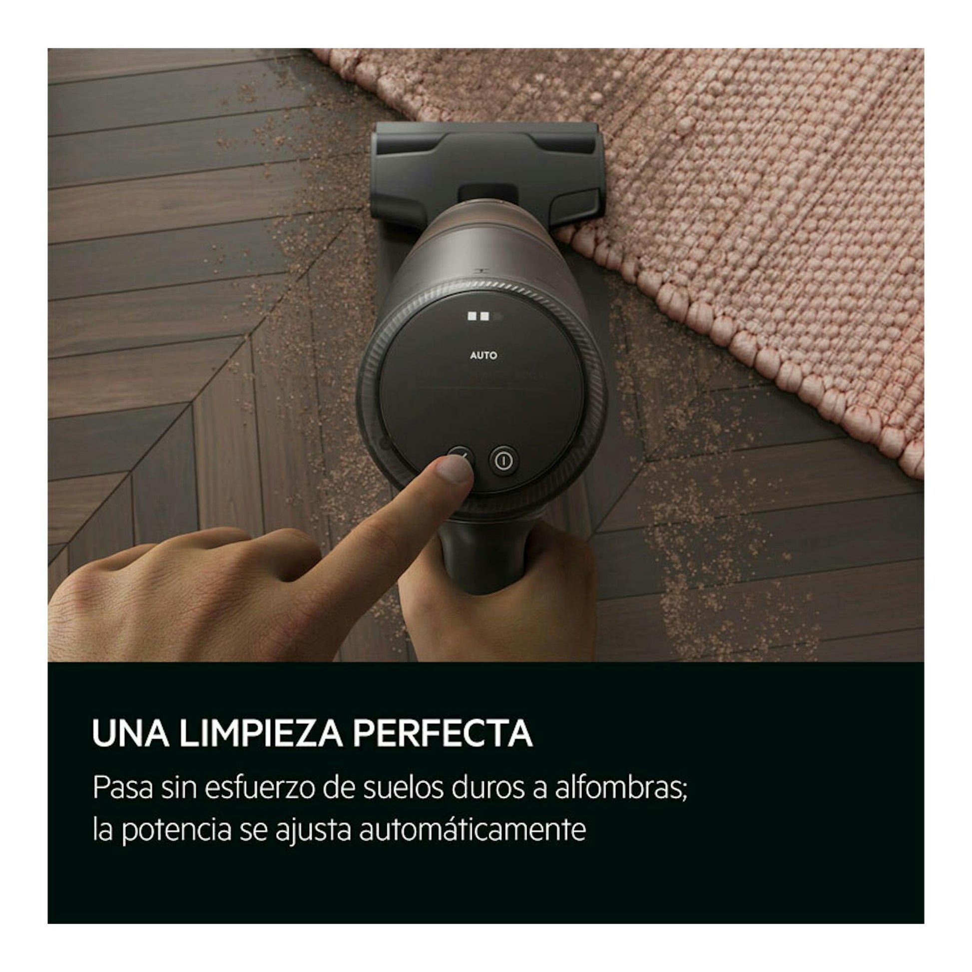 Aspiradora escoba AEG Animal 8000 AP83AB25DG, vista superior sobre suelo de madera junto a una alfombra.