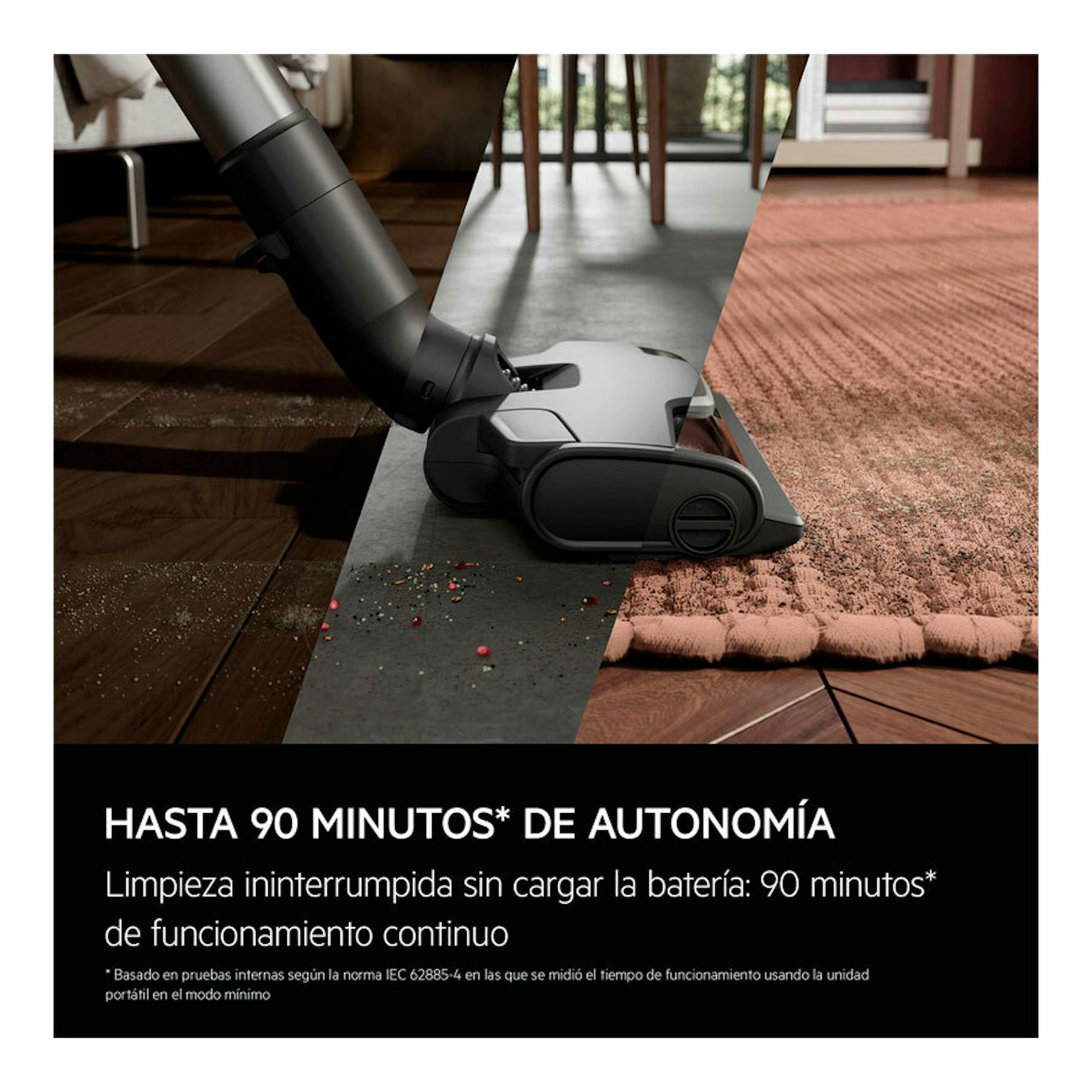 Aspiradora escoba AEG Animal 8000 AP83AB25DG sobre madera, baldosa y alfombra, con texto de 90 minutos de autonomía.