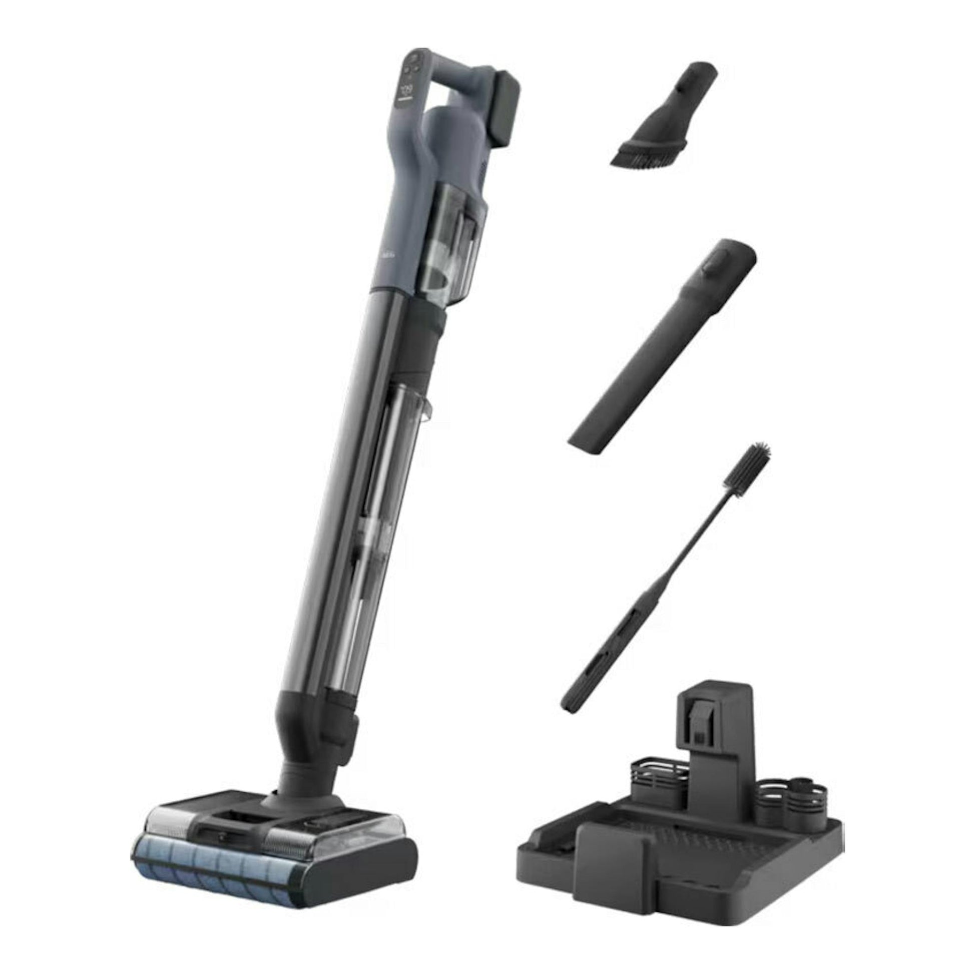 Aspiradora escoba AEG Wet and Dry AW82UD1DB, vista frontal en gris y negro con accesorios y base.