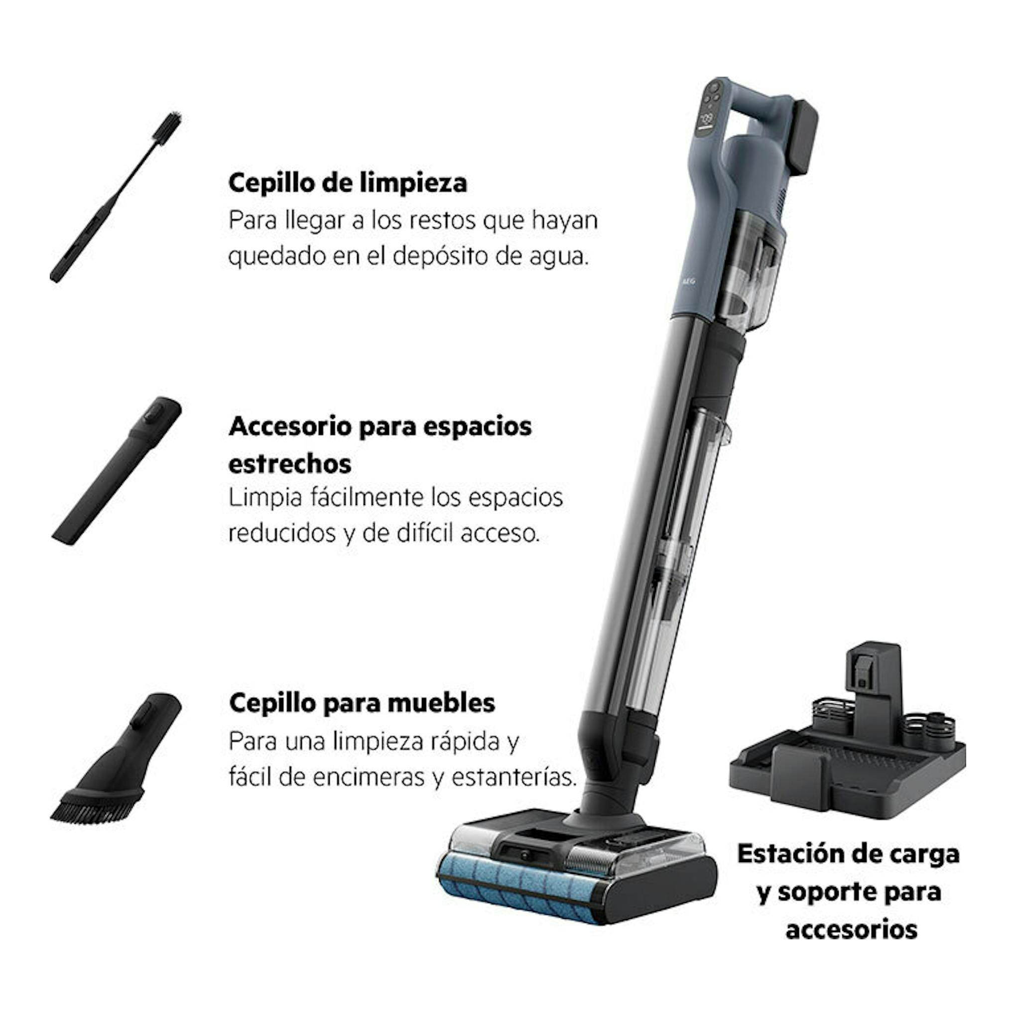 AEG AW82UD1DB, aspiradora escoba gris en vista frontal inclinada, con accesorios y base de carga.