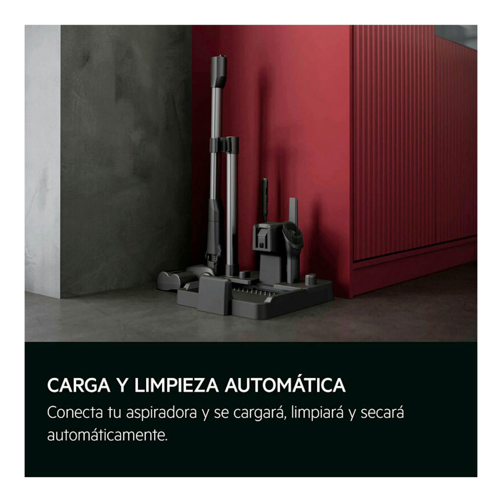 Aspiradora escoba AEG Wet and Dry AW82UD1DB con base de carga y accesorios, vista frontal.