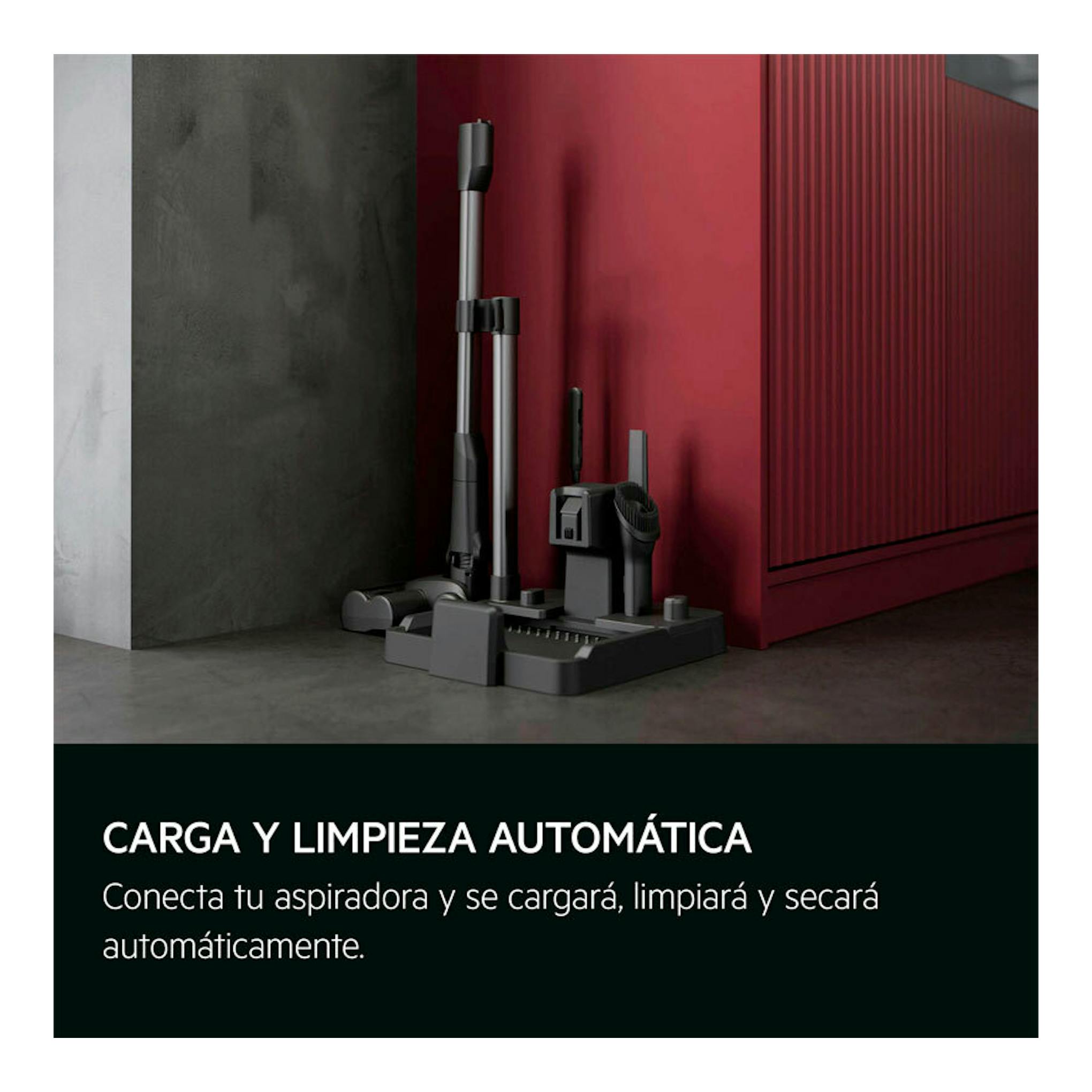 Aspiradora escoba AEG Wet and Dry AW82UD1DB con base de carga y accesorios, vista frontal.