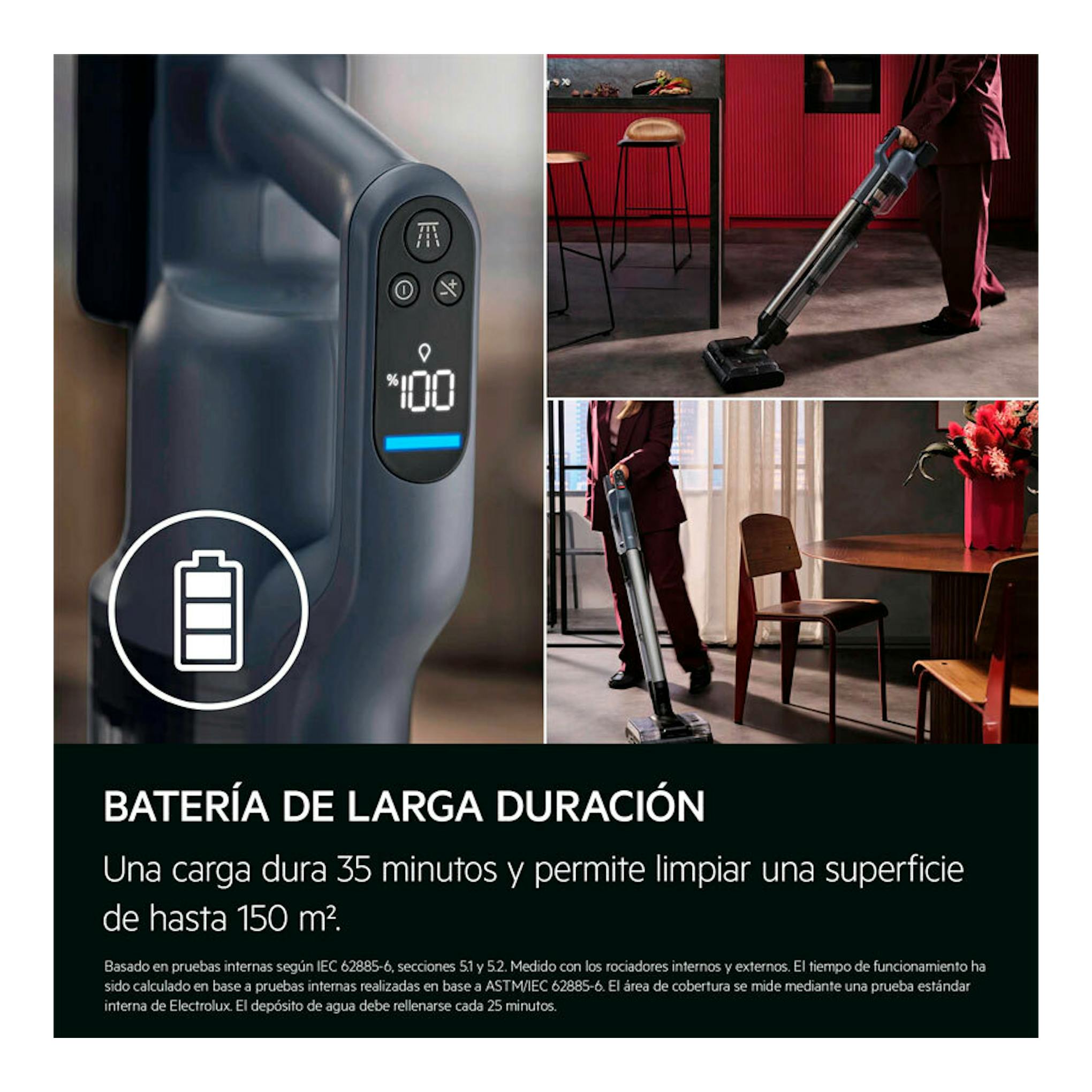 Aspiradora escoba AEG Wet and Dry AW82UD1DB en gris oscuro, con pantalla de batería y escenas de uso.