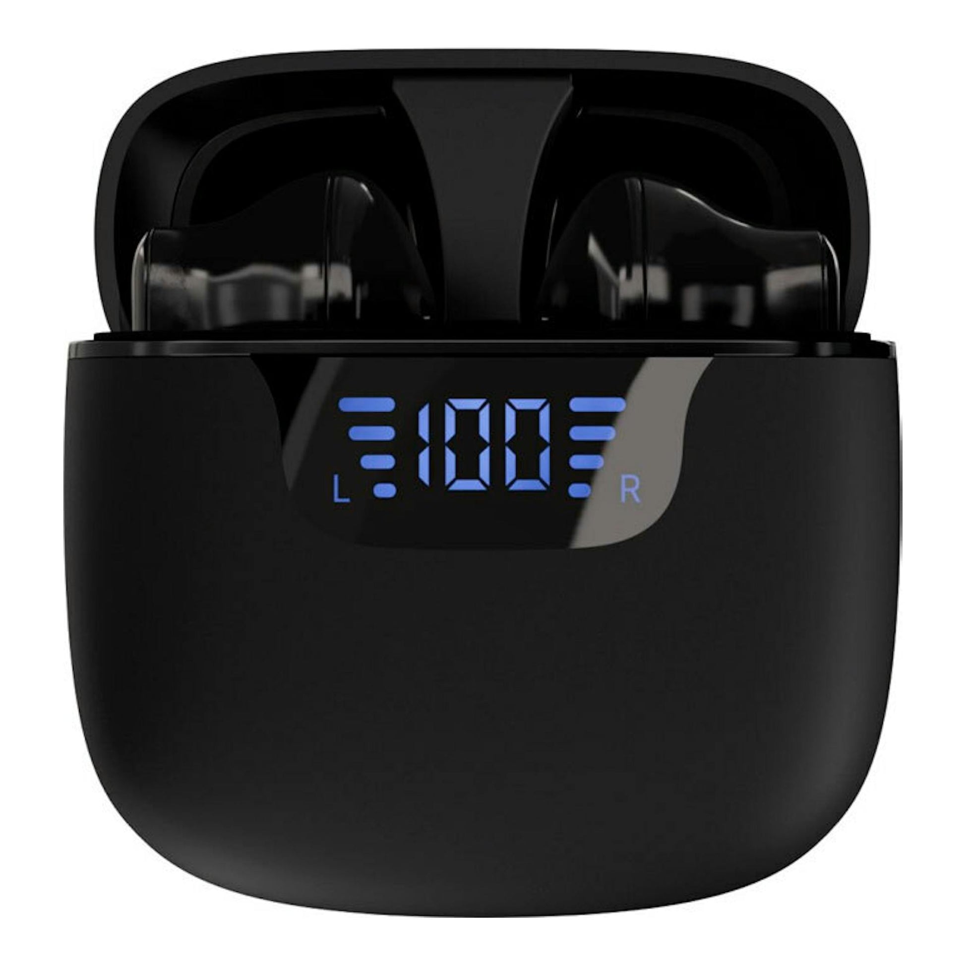 Auriculares Bluetooth negros en estuche de carga abierto, vista frontal, con pantalla LED azul “100” y marcas L/R.