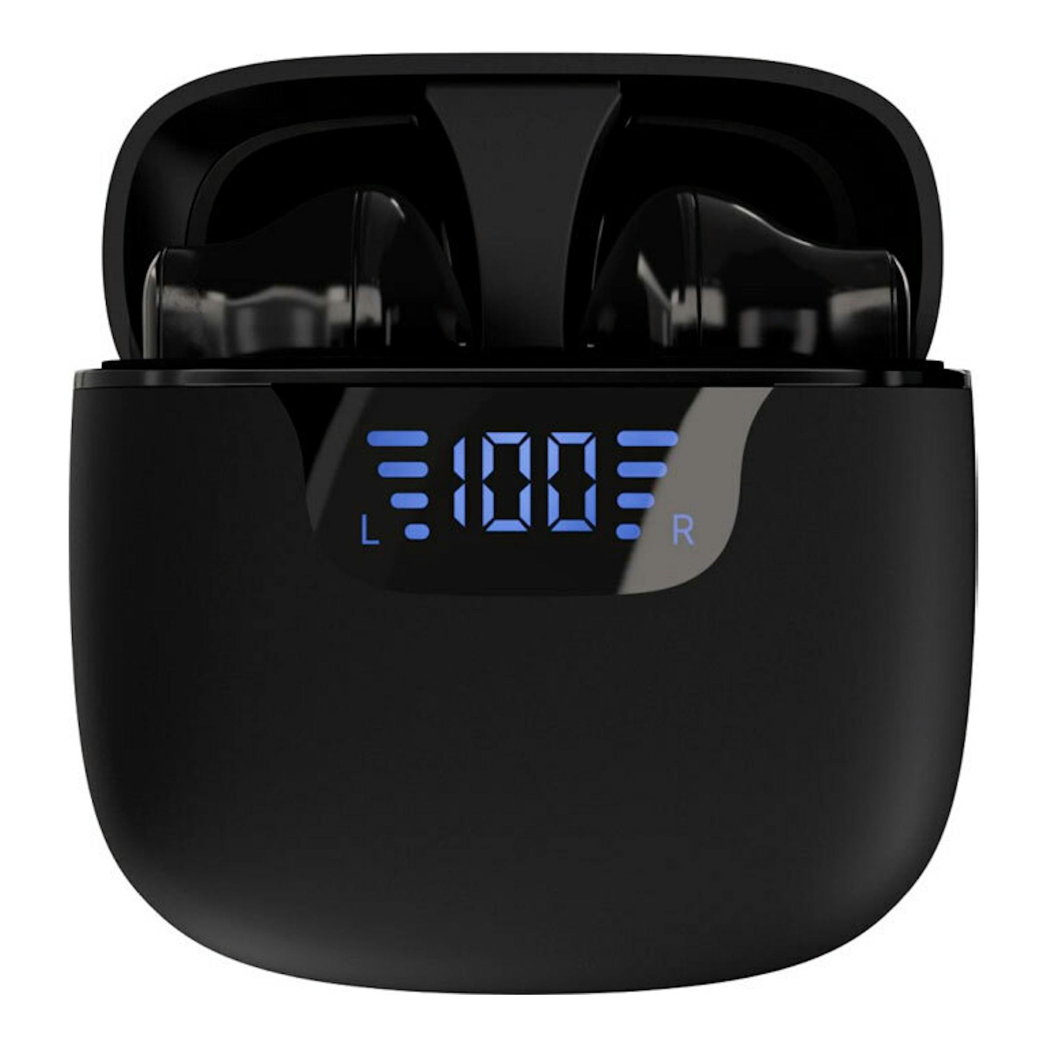 Auriculares Bluetooth negros en estuche de carga abierto, vista frontal, con pantalla LED azul “100” y marcas L/R.