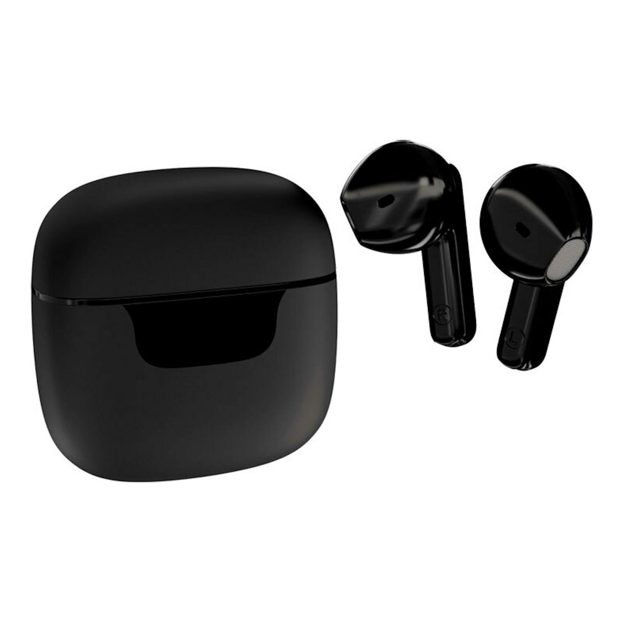 Auriculares Bluetooth negros con estuche de carga, vista frontal, dos audífonos separados.