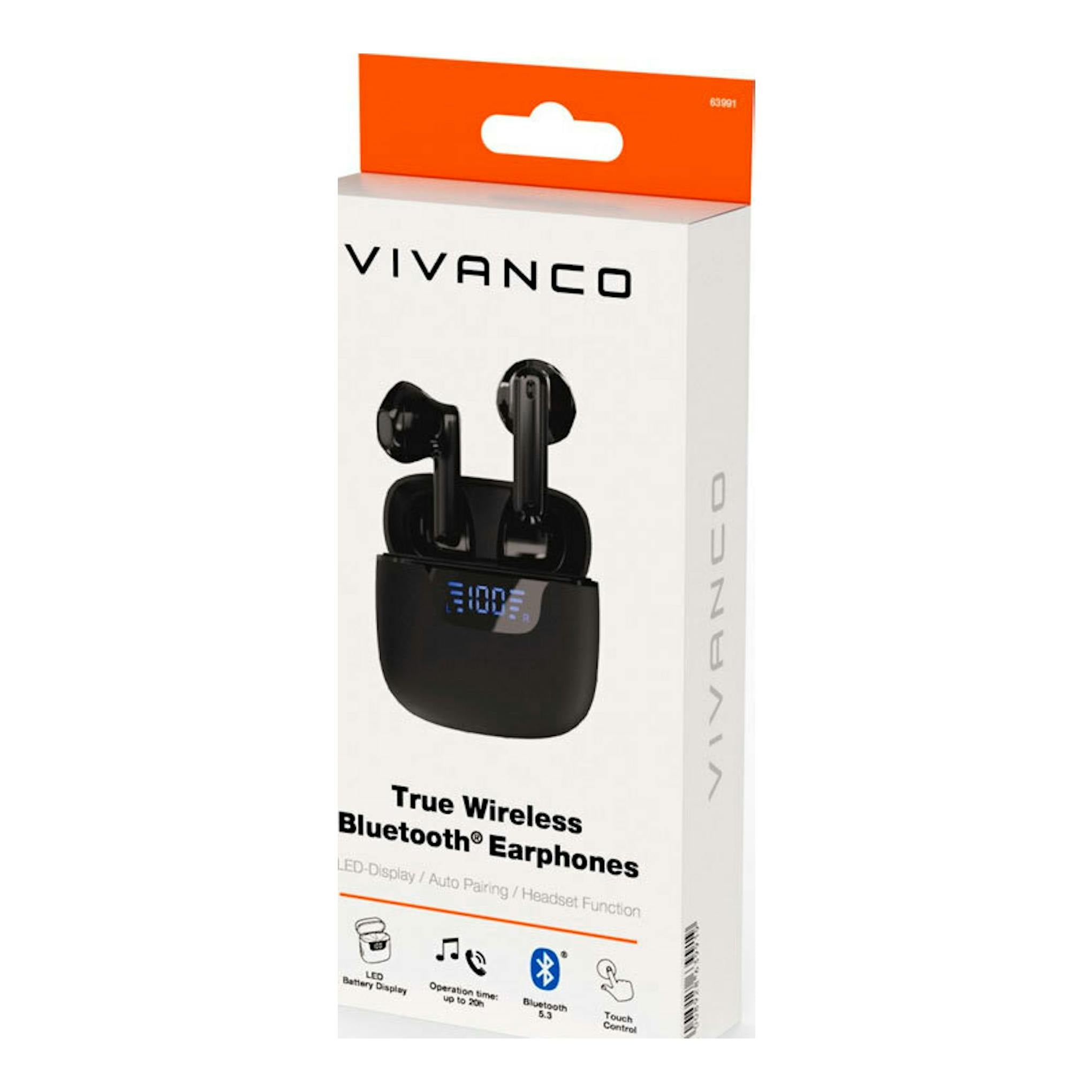 Caja frontal de auriculares Vivanco True Wireless Bluetooth, negra con pantalla LED, fondo blanco.