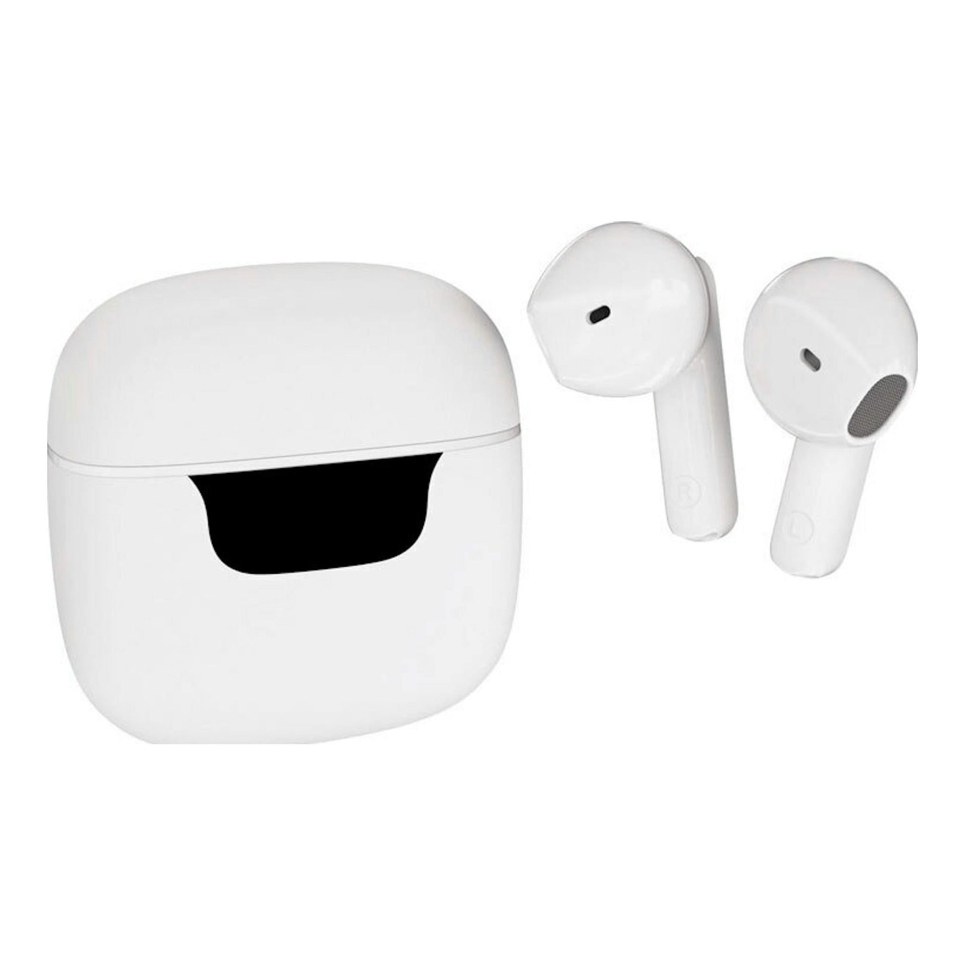 Auriculares Bluetooth blancos con estuche de carga y pantalla negra, vista frontal.