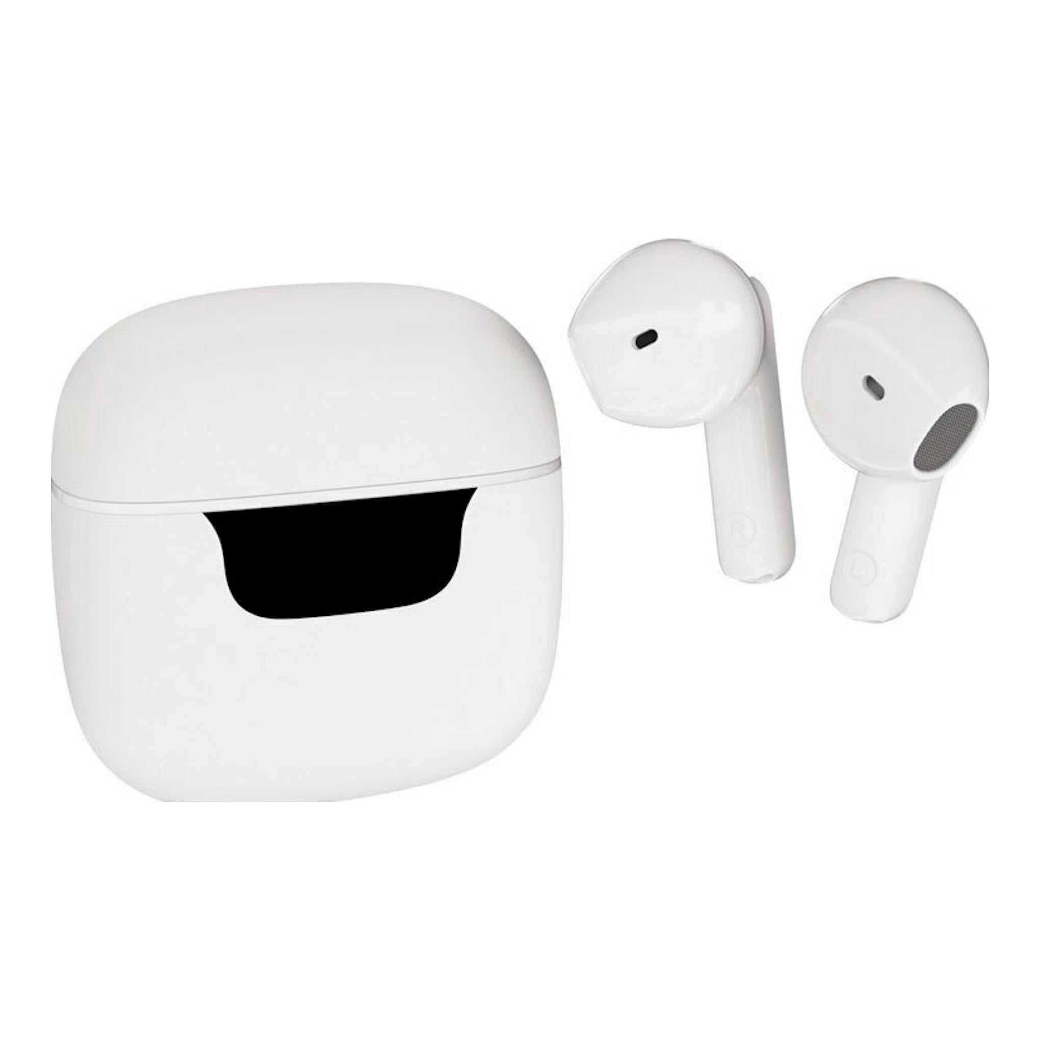 Auriculares Bluetooth blancos con estuche de carga y pantalla negra, vista frontal.