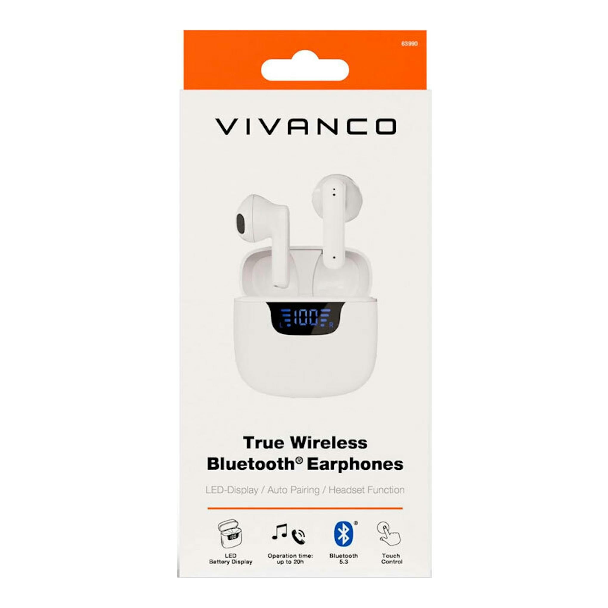 Caja frontal de auriculares True Wireless Bluetooth Vivanco, blancos, con estuche y pantalla LED.