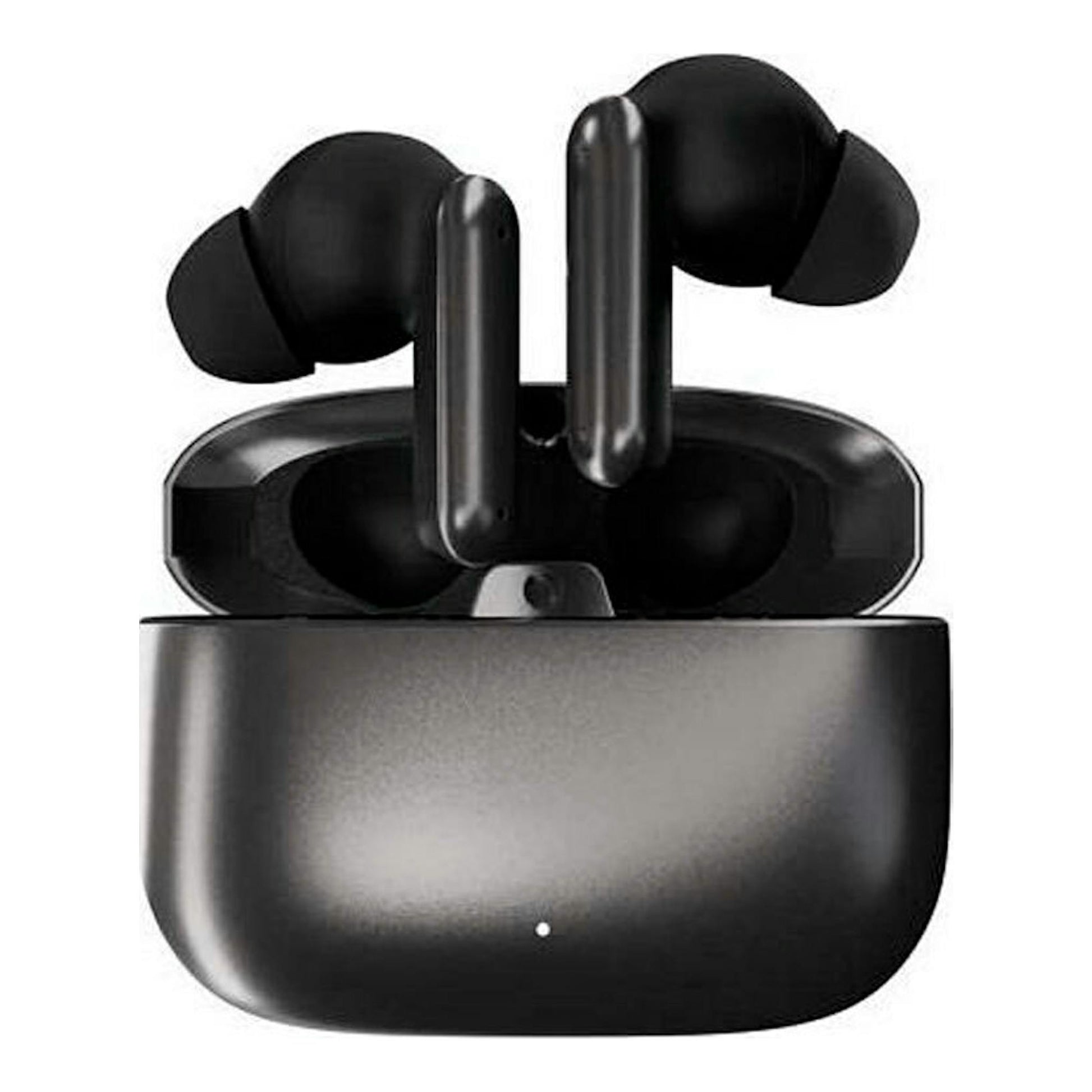 Auriculares Bluetooth negros Metal Pair Pro AM en estuche de carga, vista frontal.