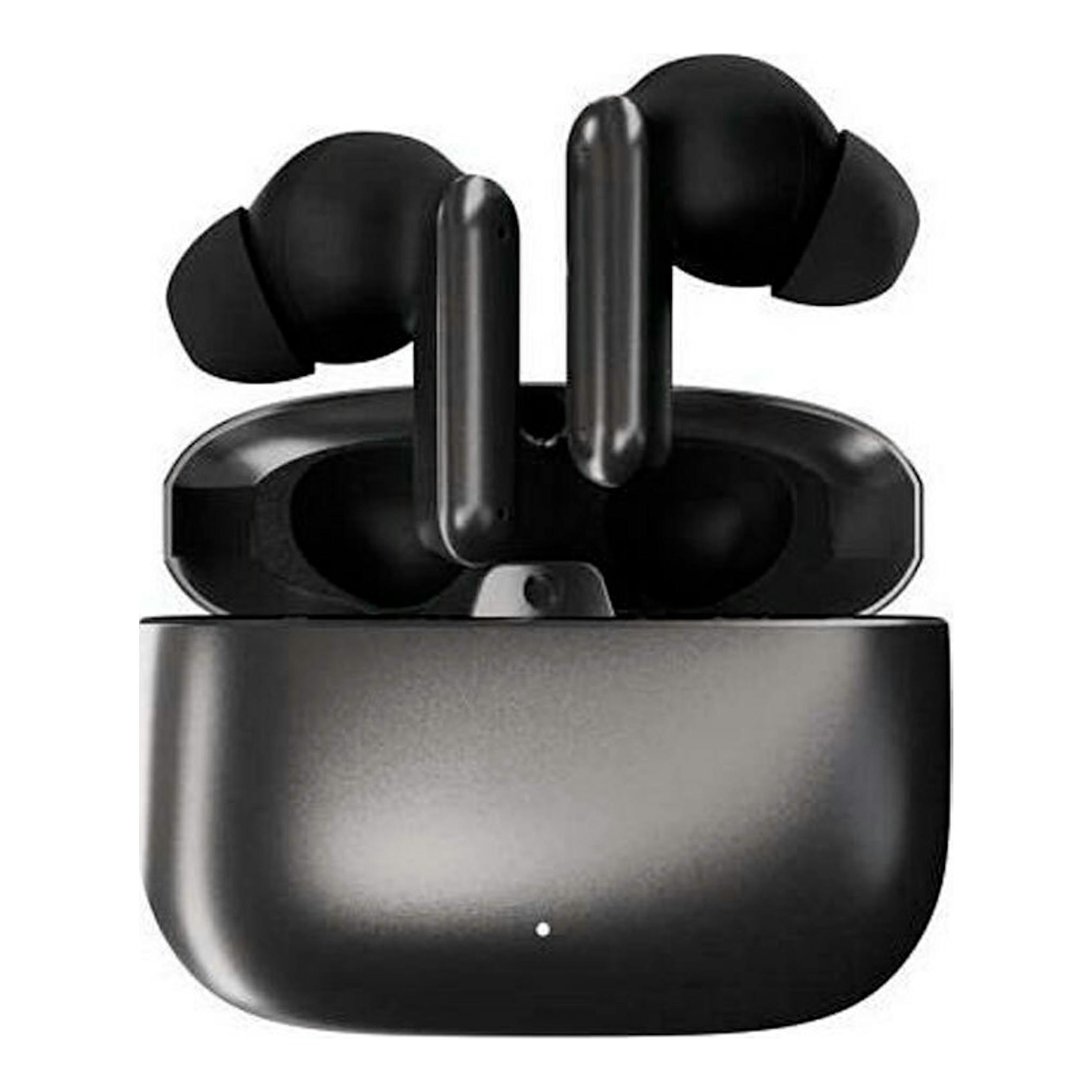 Auriculares Bluetooth negros Metal Pair Pro AM en estuche de carga, vista frontal.
