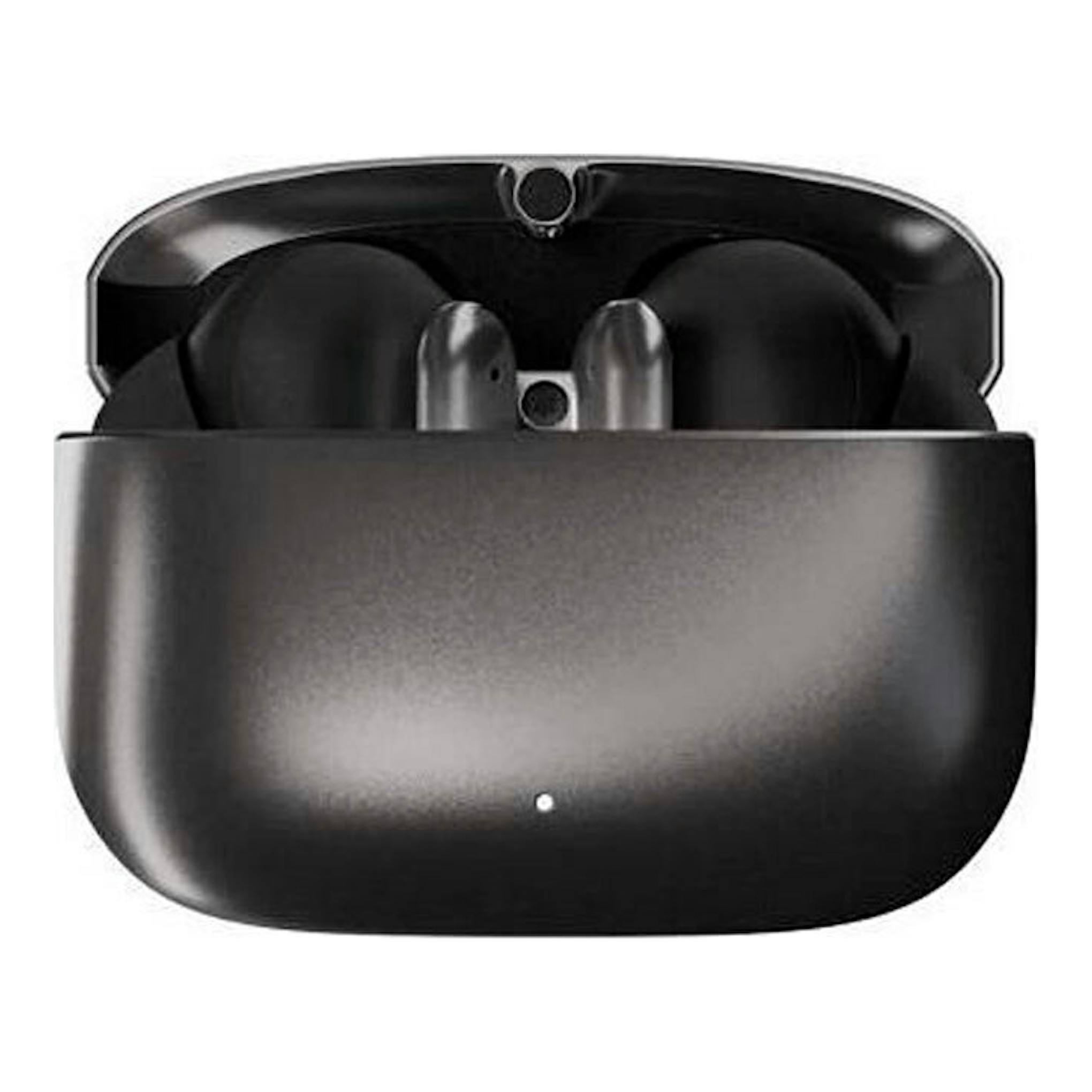 Auriculares Bluetooth negros en estuche de carga abierto, vista frontal.