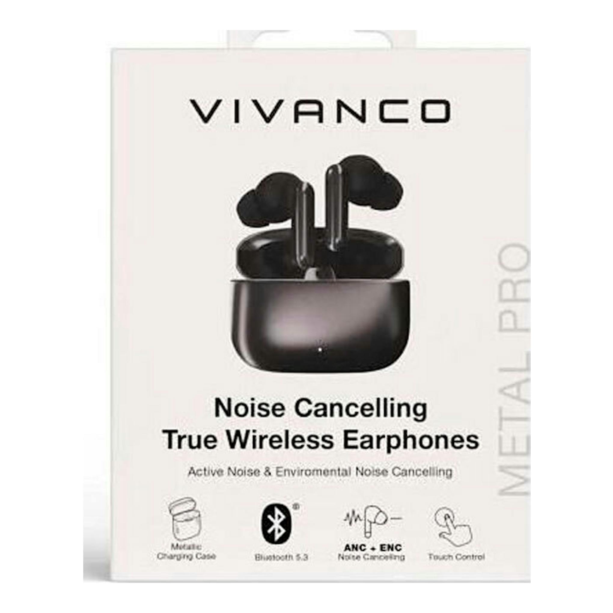Caja frontal de auriculares inalámbricos Vivanco Metal Pro negros, con cancelación de ruido.