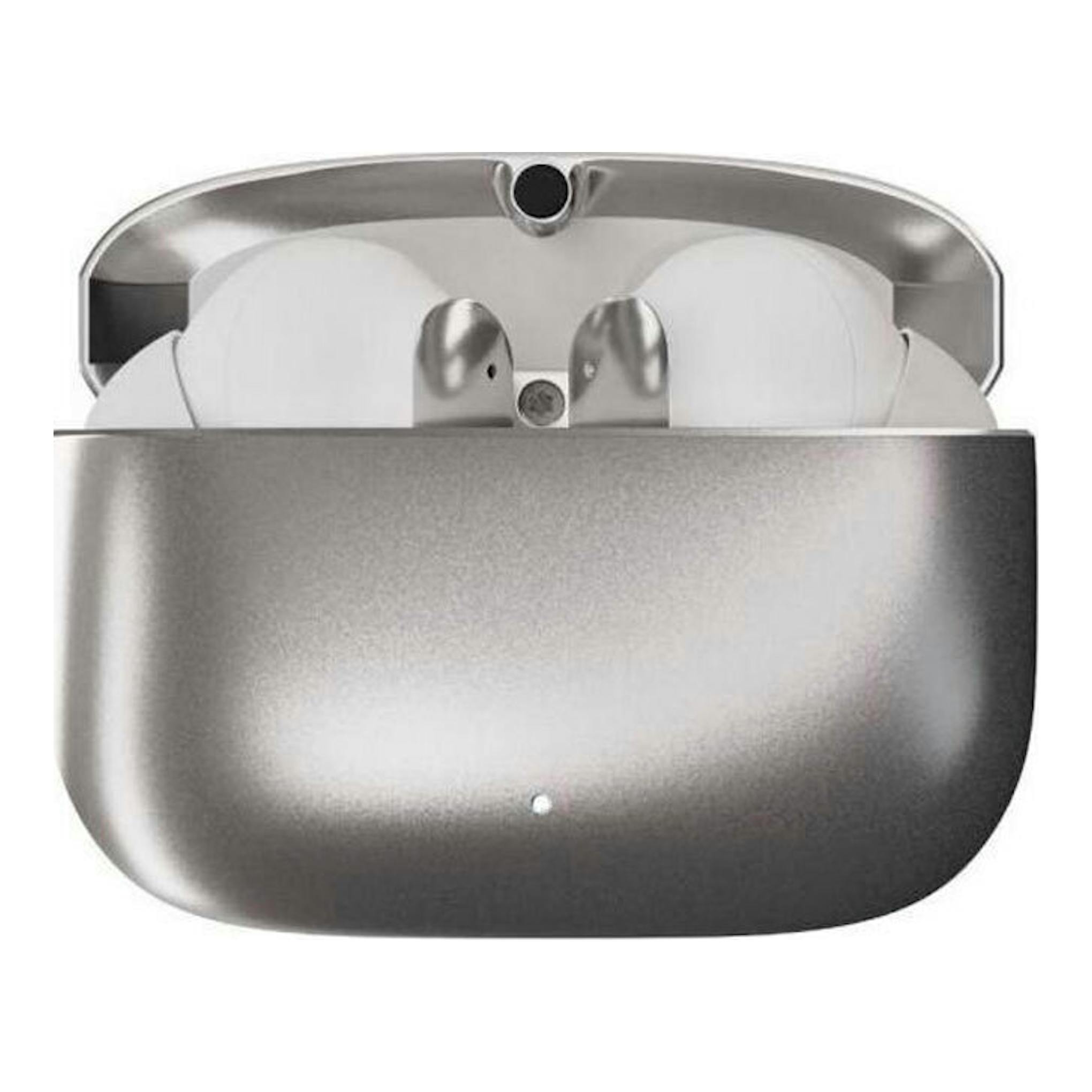 Auriculares Bluetooth Pair Pro SM en estuche metálico gris, vista frontal con tapa abierta.