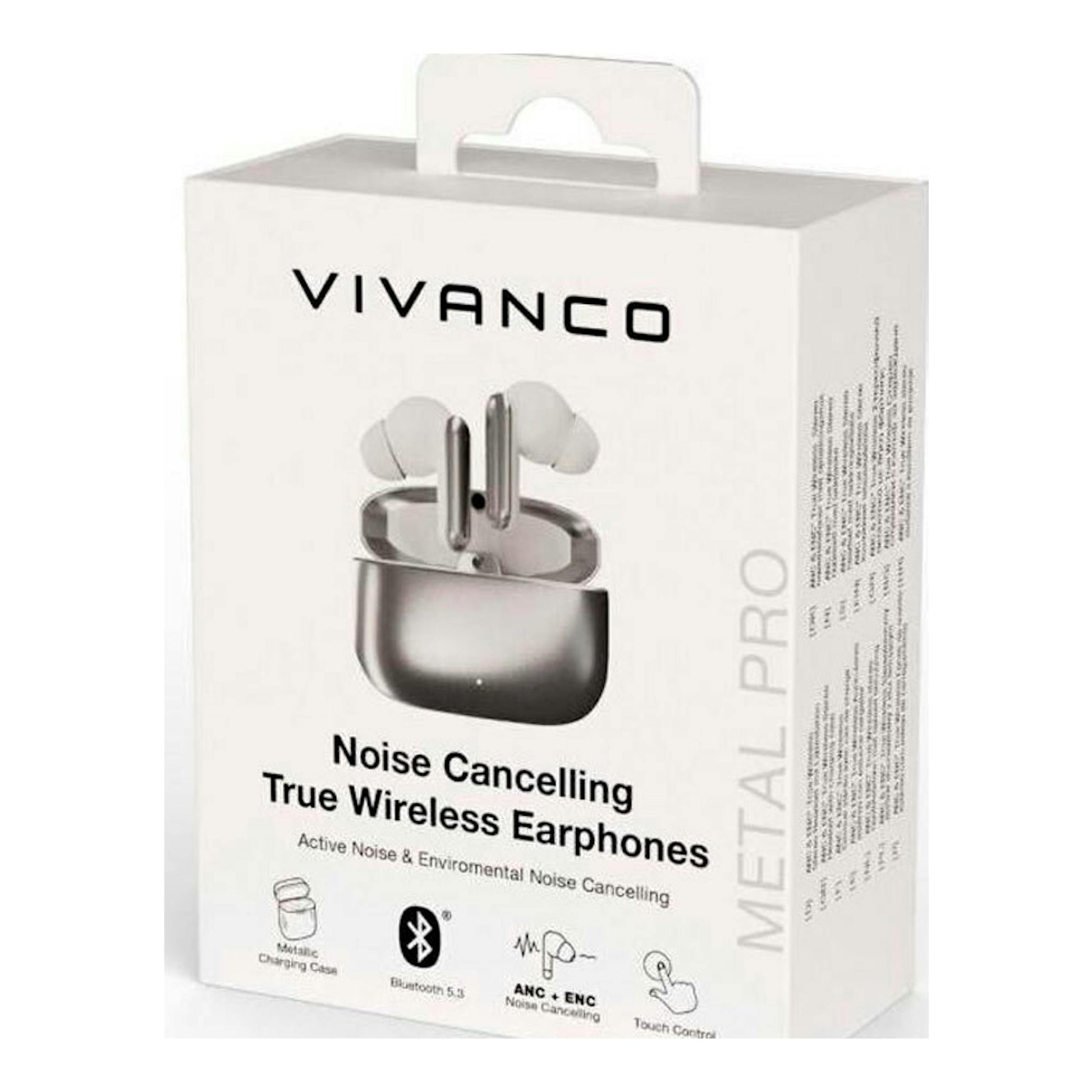 Caja de auriculares inalámbricos Vivanco Metal Pro, blanca, vista frontal en ángulo.
