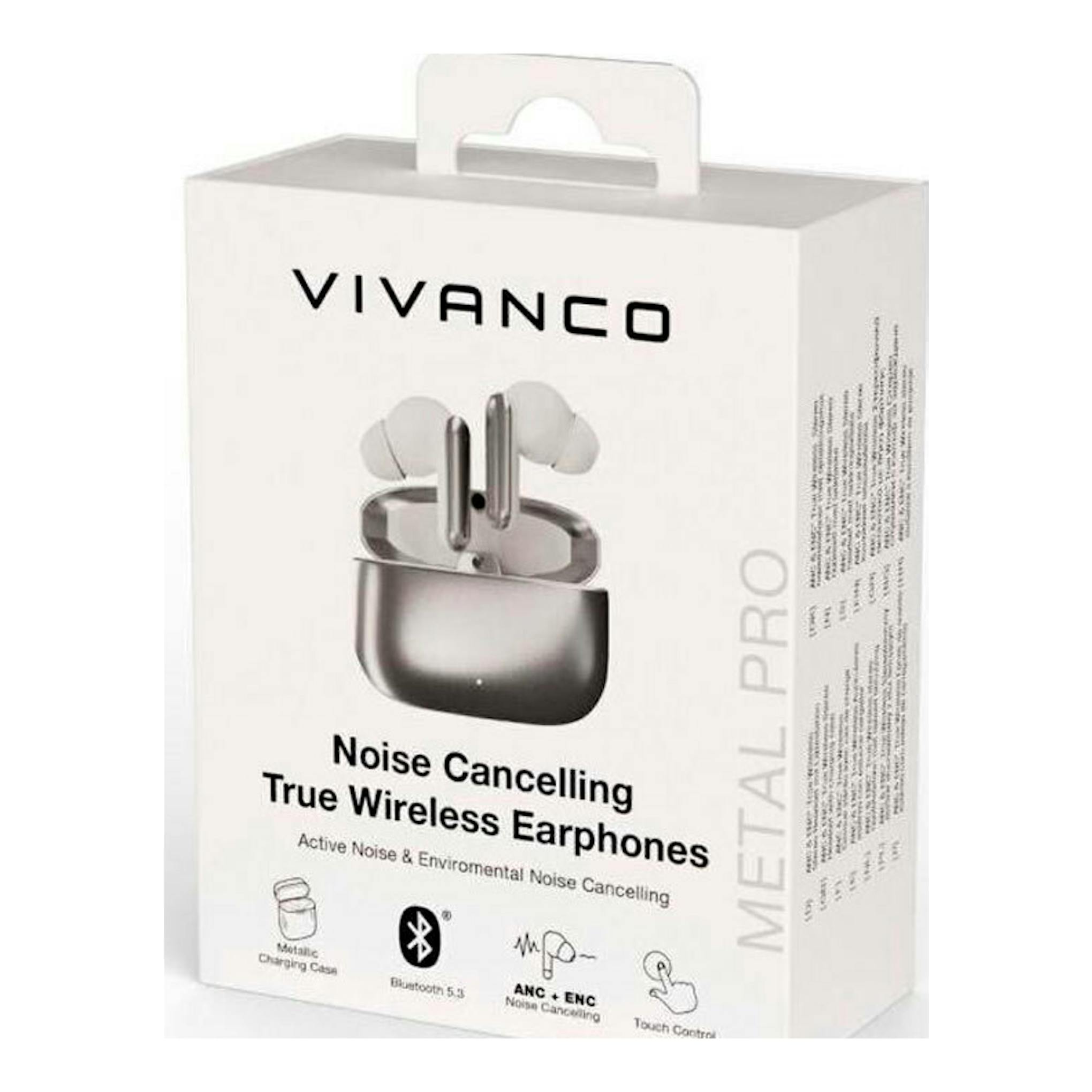 Caja de auriculares inalámbricos Vivanco Metal Pro, blanca, vista frontal en ángulo.