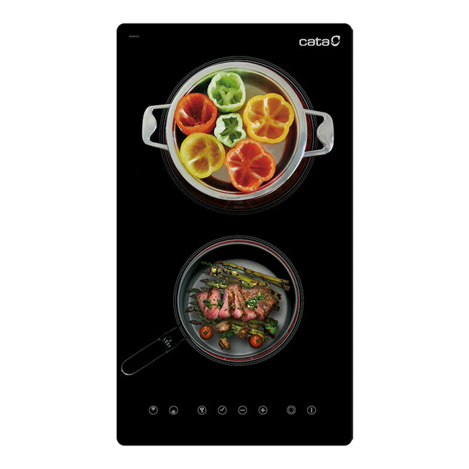 Placa vitrocerámica Cata TD3002 BK/B negra, vista cenital, con dos zonas de cocción circulares.