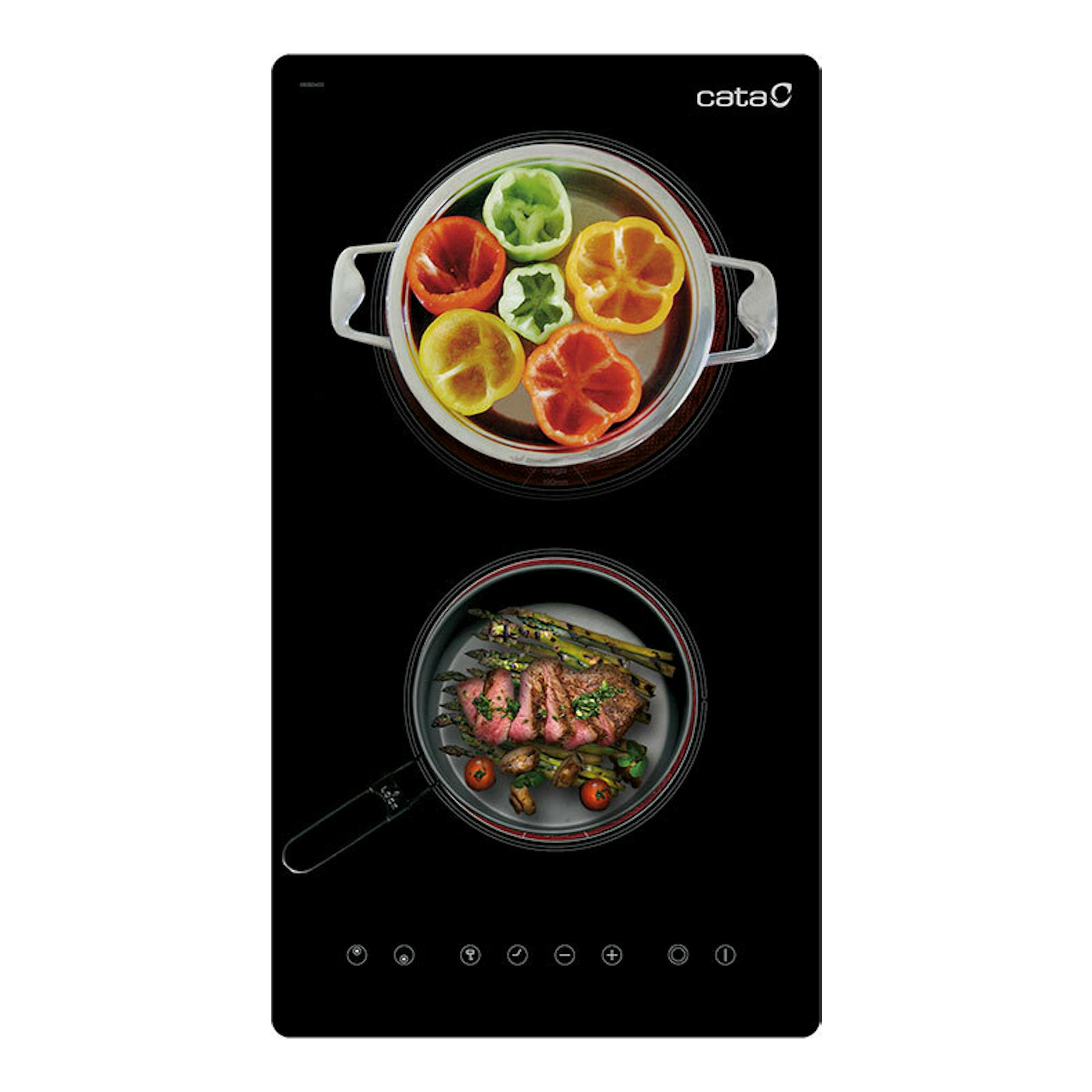 Placa vitrocerámica Cata TD3002 BK/B negra, vista cenital, con dos zonas de cocción circulares.