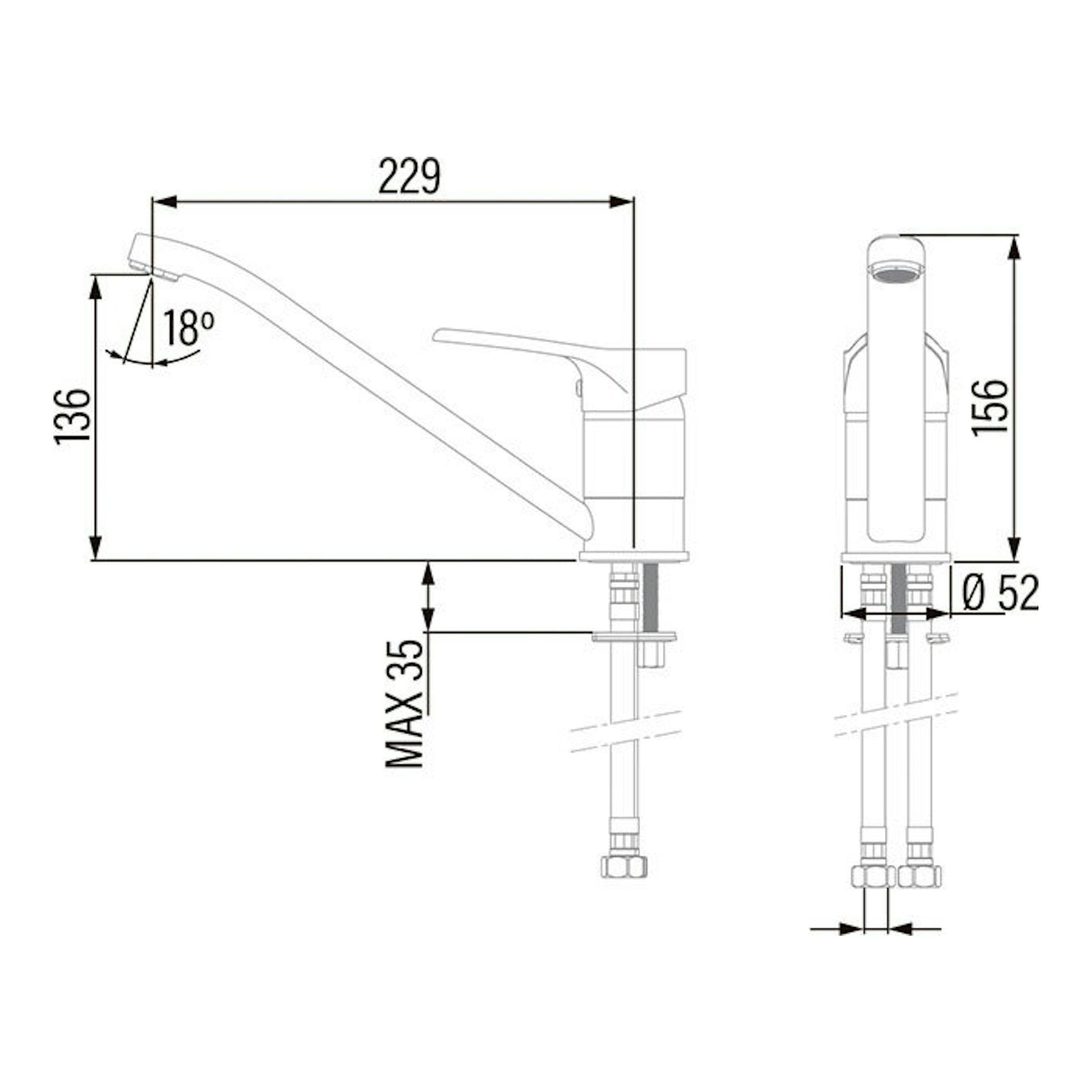 Dibujo técnico del grifo Cata CBB/B cromado, vista lateral y frontal, con medidas 229, 156 y Ø52 mm.