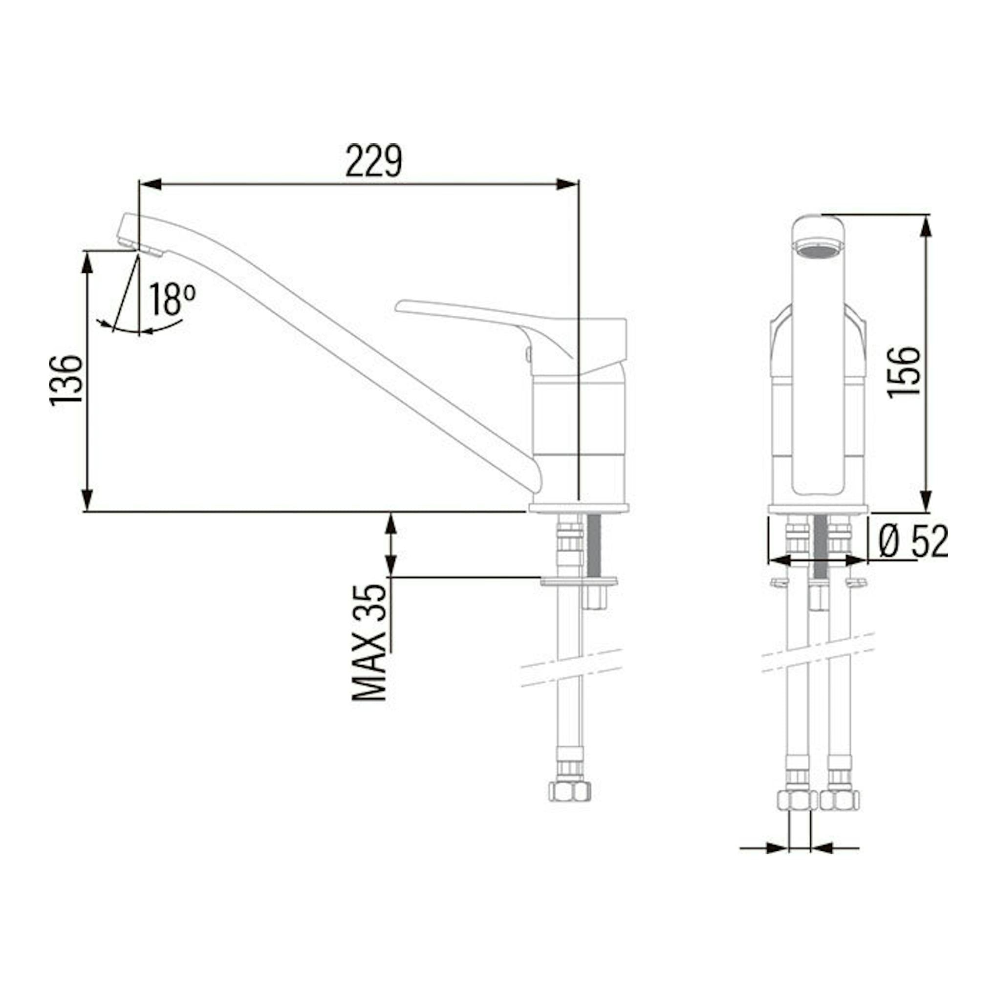 Dibujo técnico del grifo Cata CBB/B cromado, vista lateral y frontal, con medidas 229, 156 y Ø52 mm.